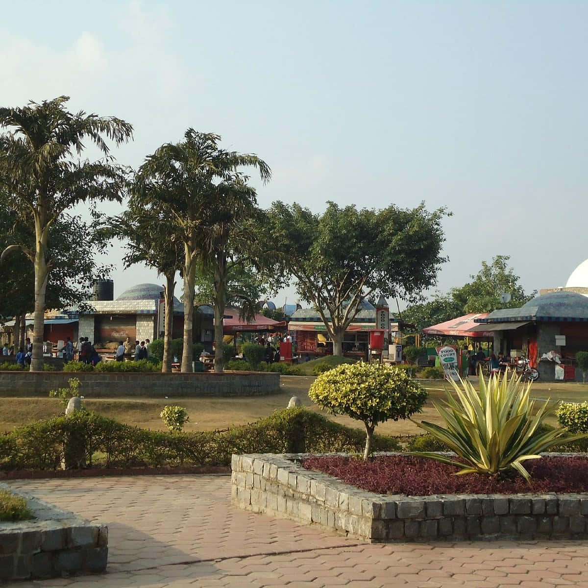 公園 桌布 壁紙 — 一個陽光明媚的戶外廣場，種有棕櫚樹和圓頂建築，人們聚集在有遮蔭的座位區周圍。
