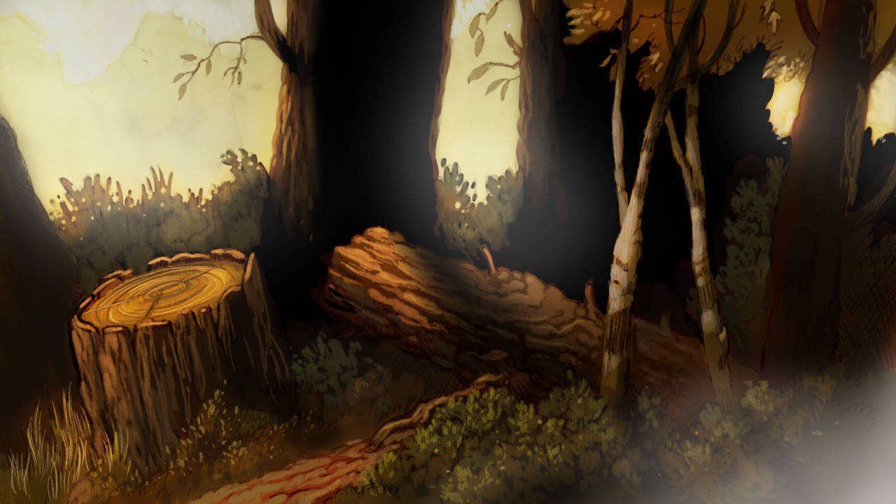 over the garden wall 桌布 壁紙 — 一個陽光明媚的森林幽谷，有一根倒下的圓木和樹樁，沐浴在透過高大樹木過濾的金色光線中。