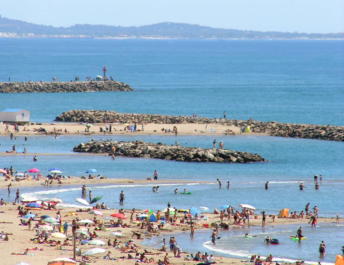 French Beach 桌布 壁紙 — 一個陽光明媚的海灘，人潮擁擠，人們在藍天白雲下游泳、曬太陽和玩耍，還有岩石防波堤。