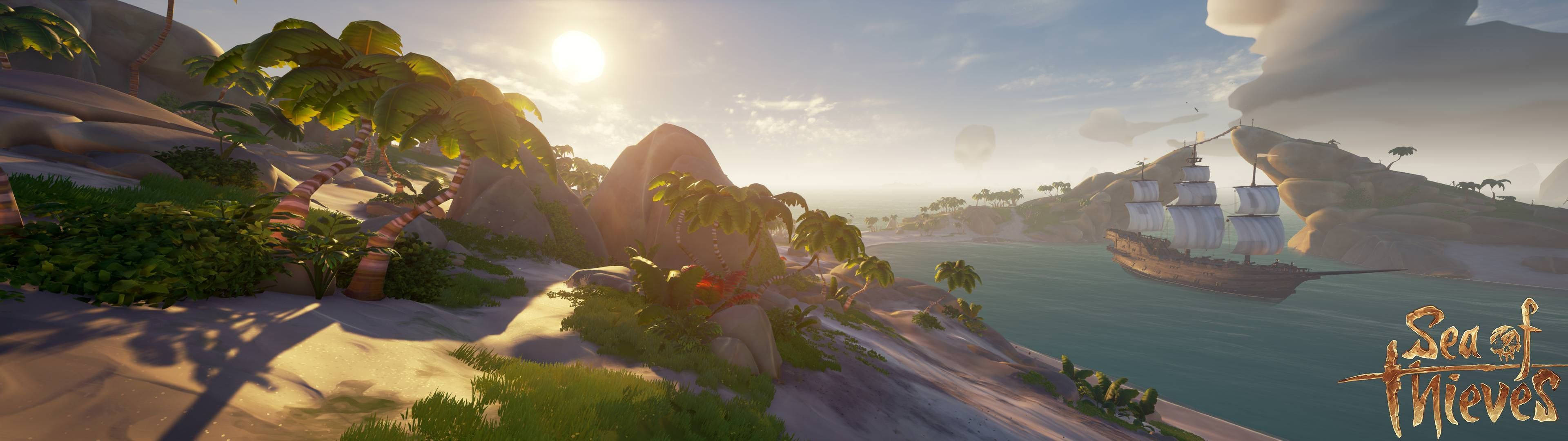 Sea Of Thieves 桌布 壁紙 — 一個陽光明媚的熱帶島嶼，有棕櫚樹和岩石海岸，俯瞰著平靜的大海，一艘海盜船正駛向遠處的懸崖。