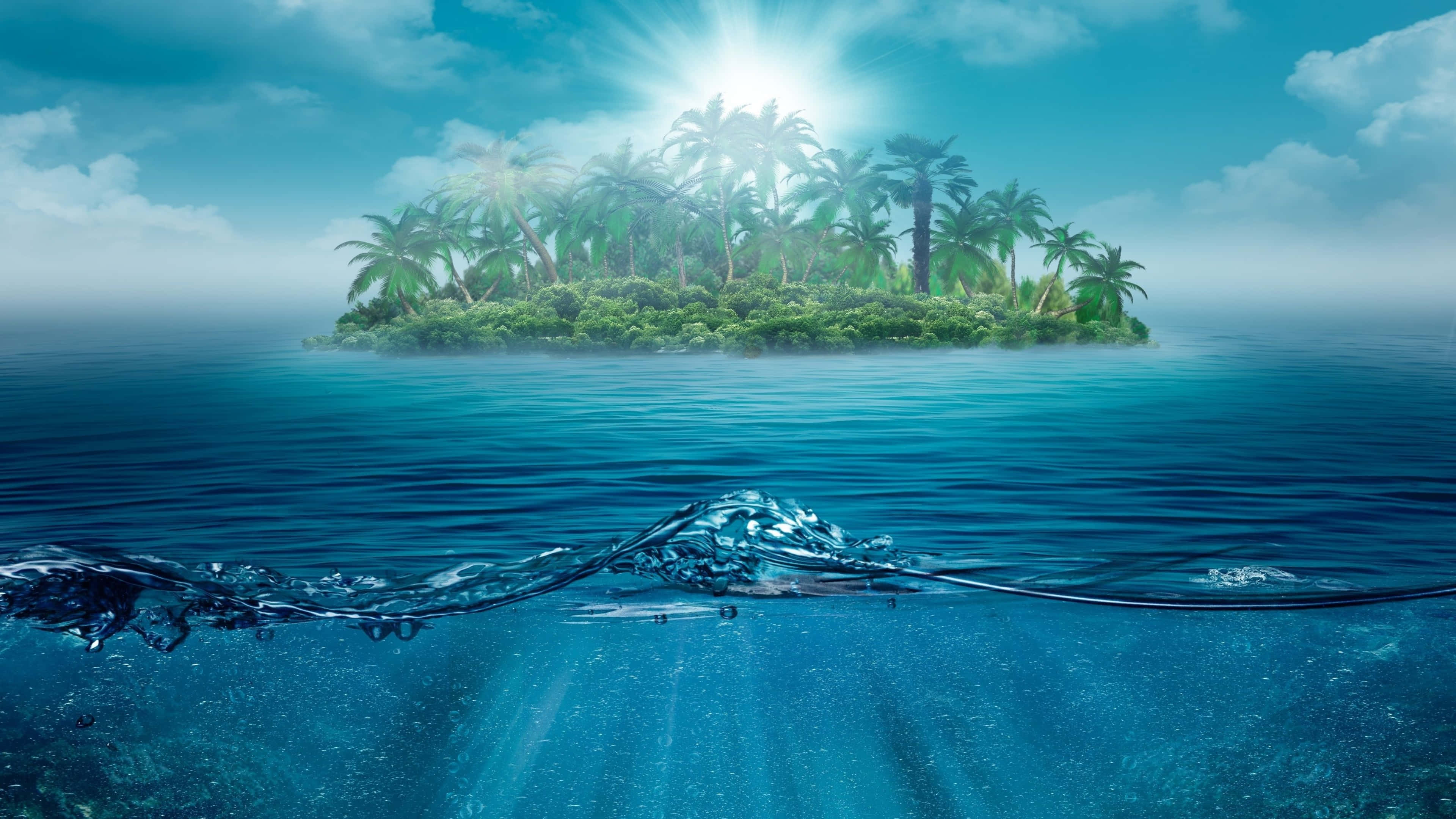 海景 桌布 壁紙 — 一個陽光明媚的熱帶島嶼，棕櫚樹從碧綠的海水中升起，下方有清晰的水下景觀。