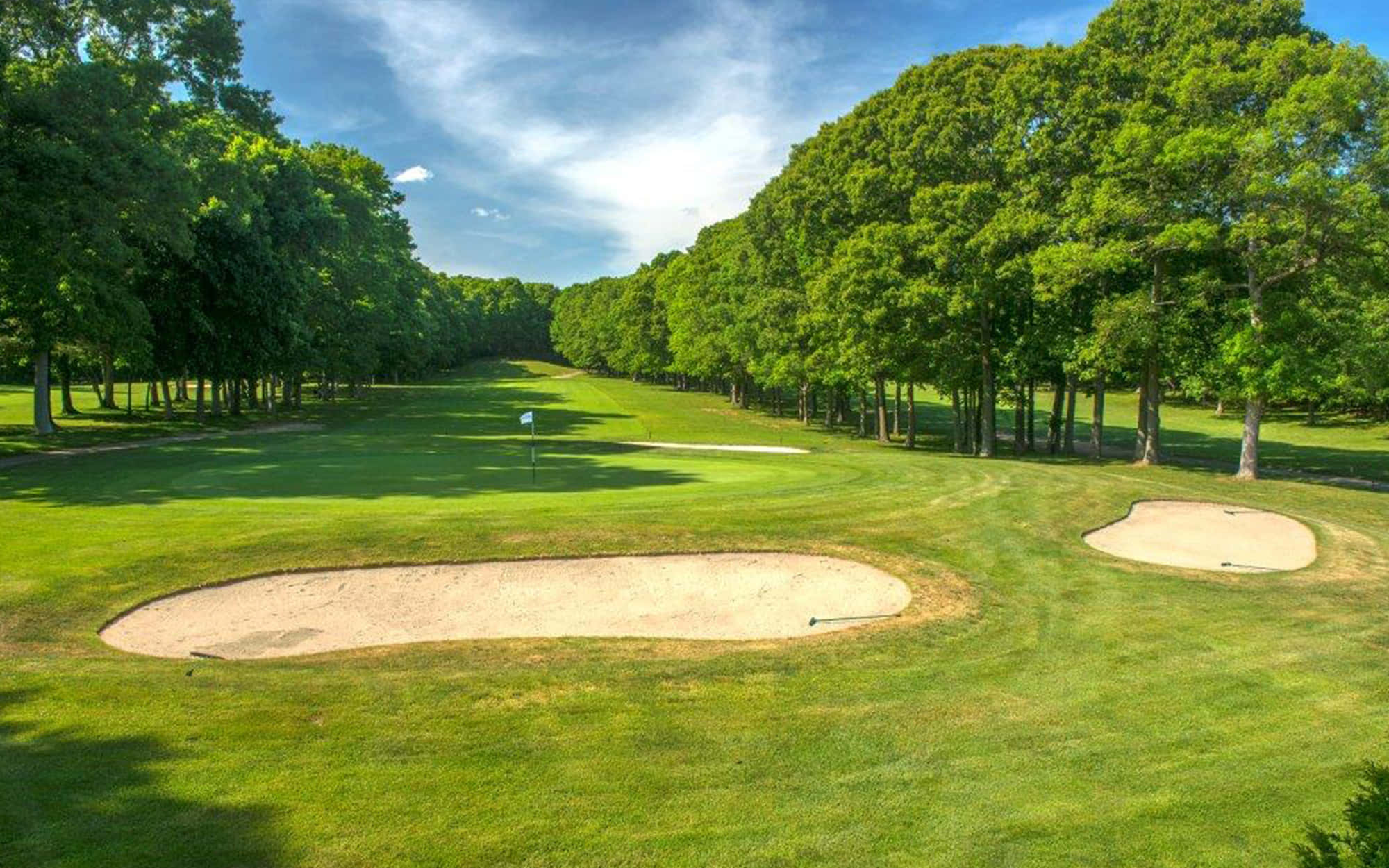 Golf Green 桌布 壁紙 — 一個陽光明媚的高爾夫球場，擁有充滿活力的綠色球道，兩旁是茂密的樹木和沙坑，在明亮的藍天下。