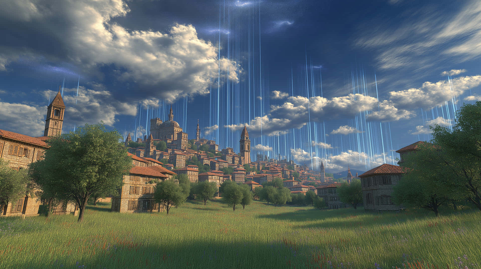 Fantasy City Landscape with Ethereal Light Beams 壁紙 — 一個陽光普照的中世紀小鎮，擁有陶土屋頂和石塔，從草地上升起，天空戲劇性，垂直光束穿過雲層。