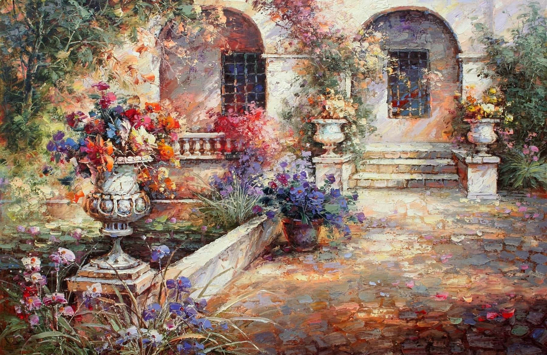 Oil Painting 桌布 壁紙 — 一個陽光普照的庭院，有石階和拱形窗戶，裝飾著華麗甕和花盆中的鮮豔花朵。