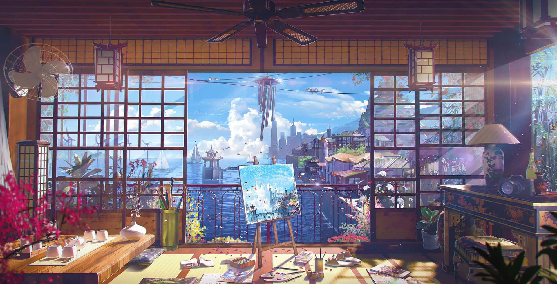 Cozy Anime 桌布 壁紙 — 一個陽光普照的日式工作室，俯瞰著藍天下充滿活力的沿海城市景觀，有帆船和現代塔樓。