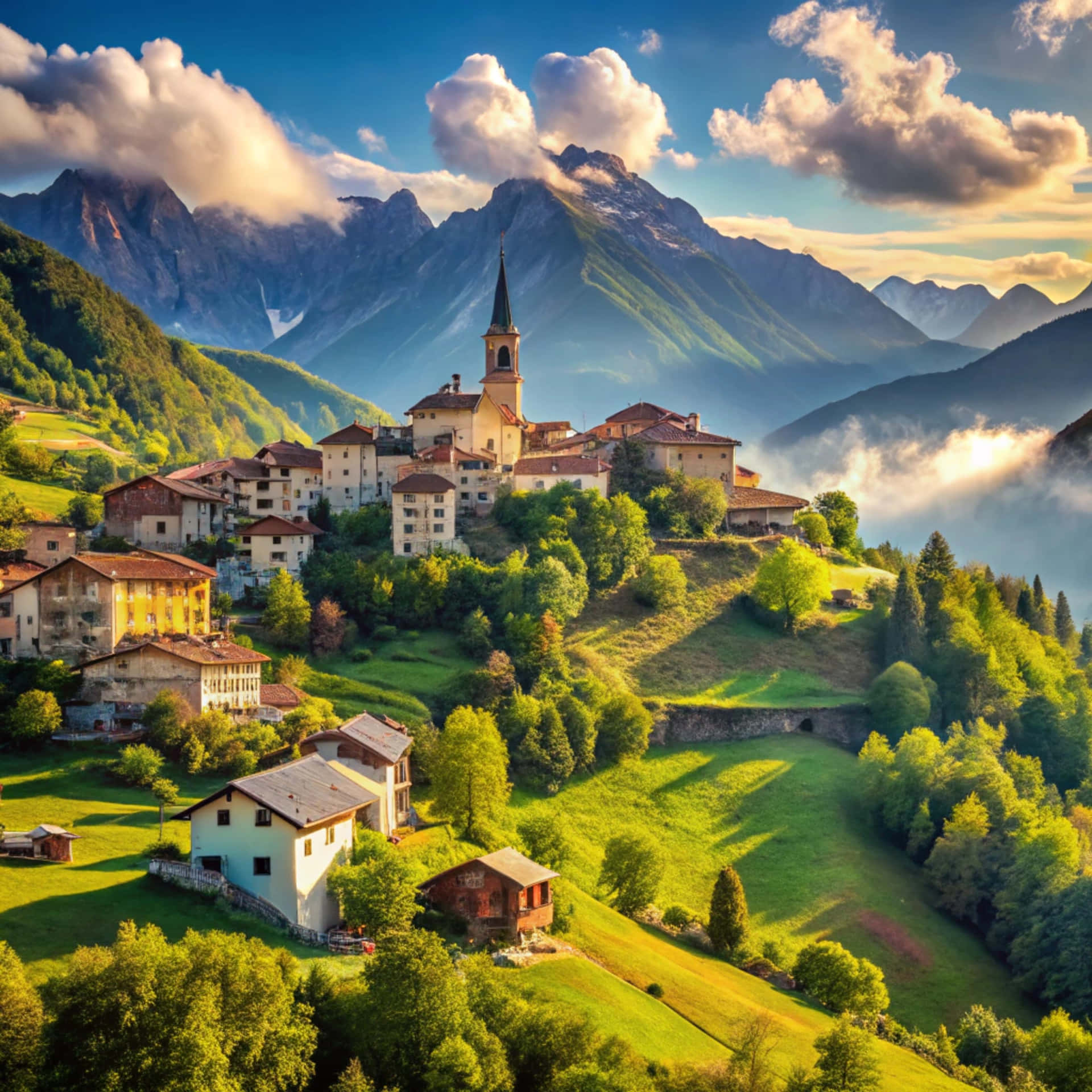 Vertical shot of a beautiful village 壁紙 — 一個陽光普照的阿爾卑斯山村，陶土屋頂依附在翠綠的山坡上，下方是高聳的雪山頂和蓬鬆的雲朵。