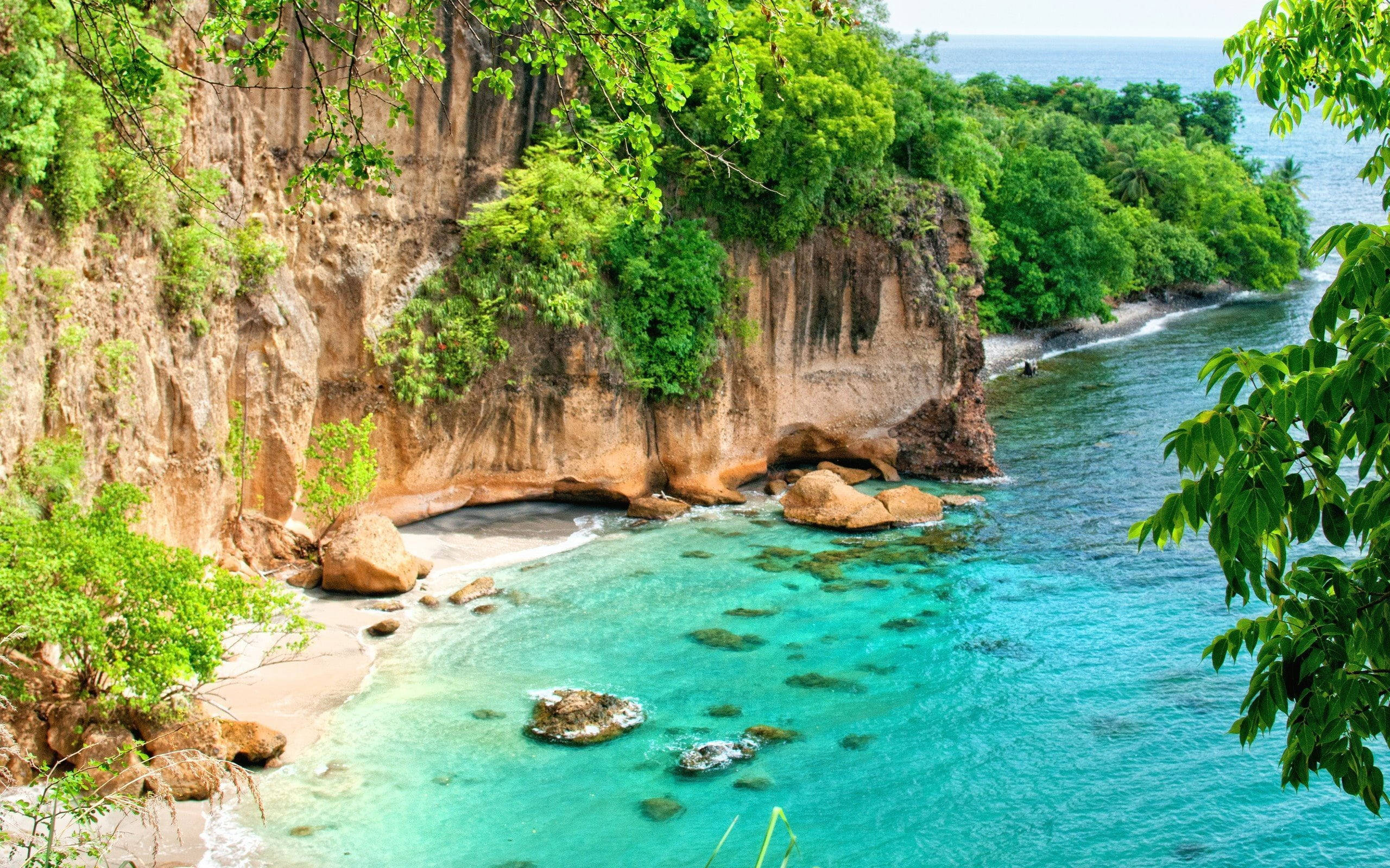 風景 桌布 壁紙 — 一個隱蔽的熱帶小海灣，碧綠的海水 nestled 在鬱鬱蔥蔥的綠色懸崖和沙灘之間。