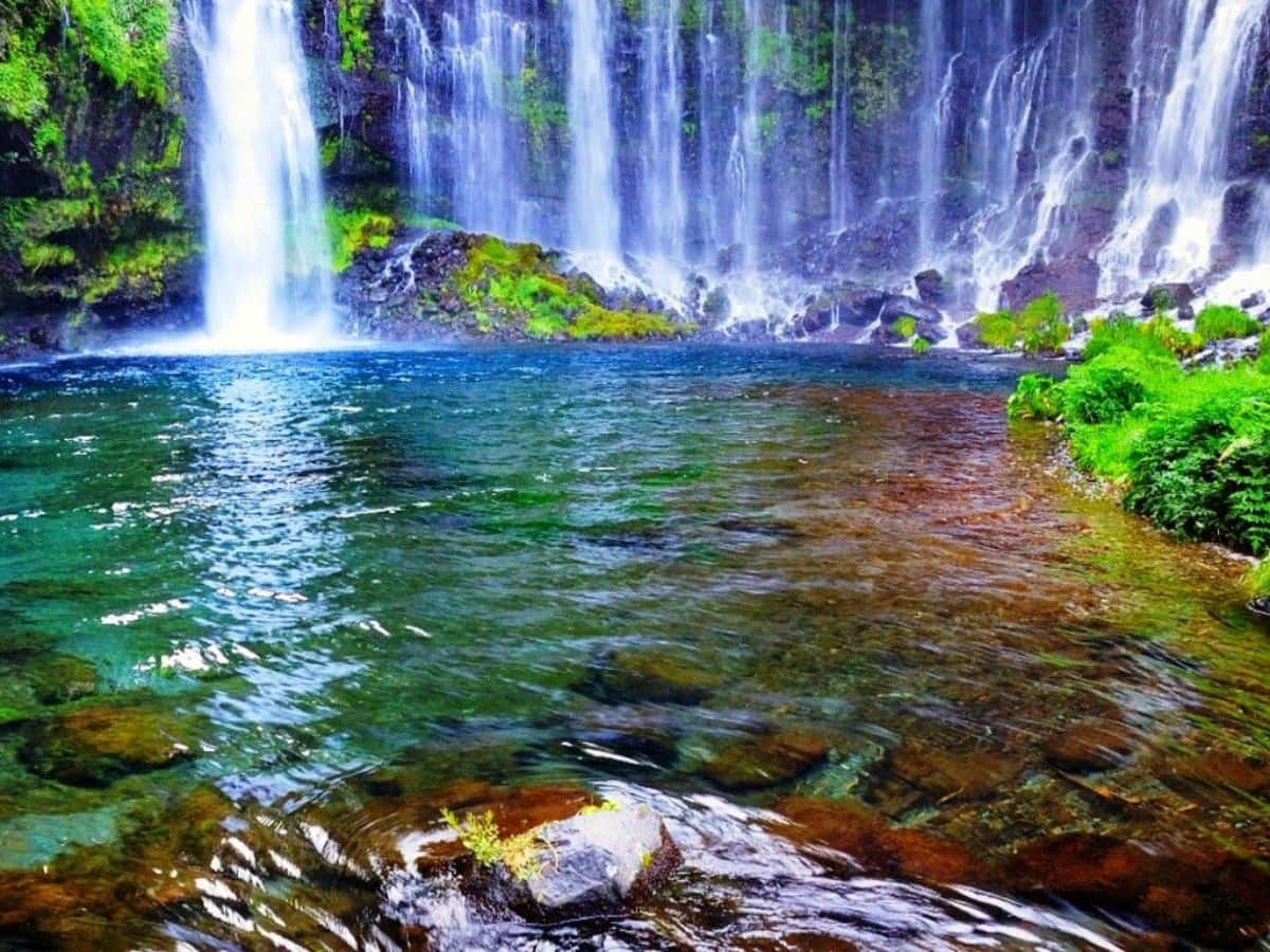 日本 桌布 壁紙 — 一個雄偉的多層瀑布傾瀉而下，流入一個清澈的翡翠綠水池，周圍環繞著茂密的綠色苔蘚岩石。