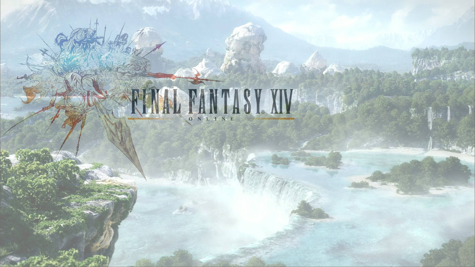 Ffxiv 桌布 壁紙 — 一個雄偉的奇幻景觀，一條巨大的龍在明亮的天空下翱翔於霧氣繚繞的瀑布和茂密的綠植之上。