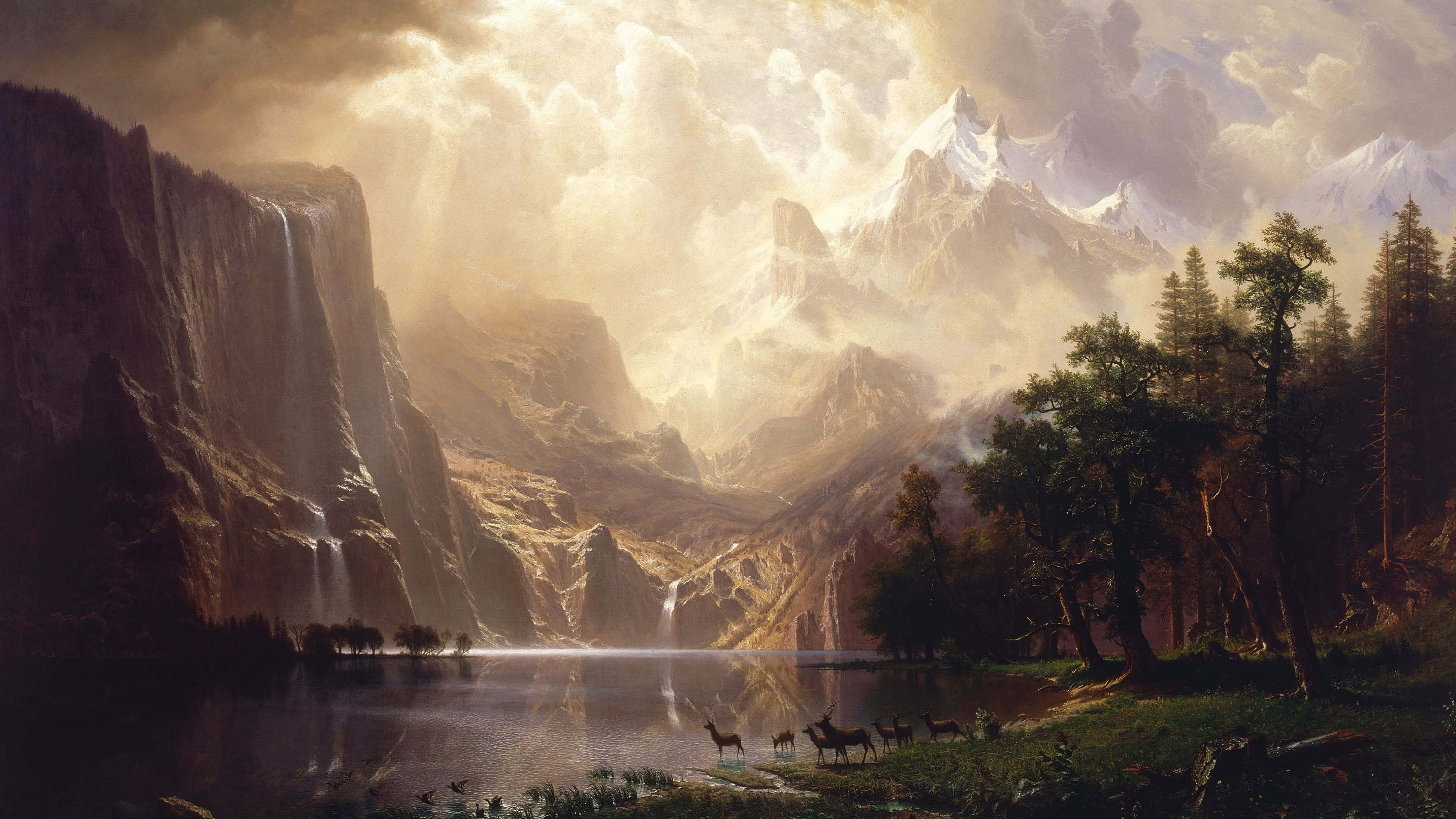 Oil Painting 桌布 壁紙 — 一個雄偉的山谷，有層疊的瀑布和鹿，靠近一個平靜的湖泊，在戲劇性的金色陽光下。