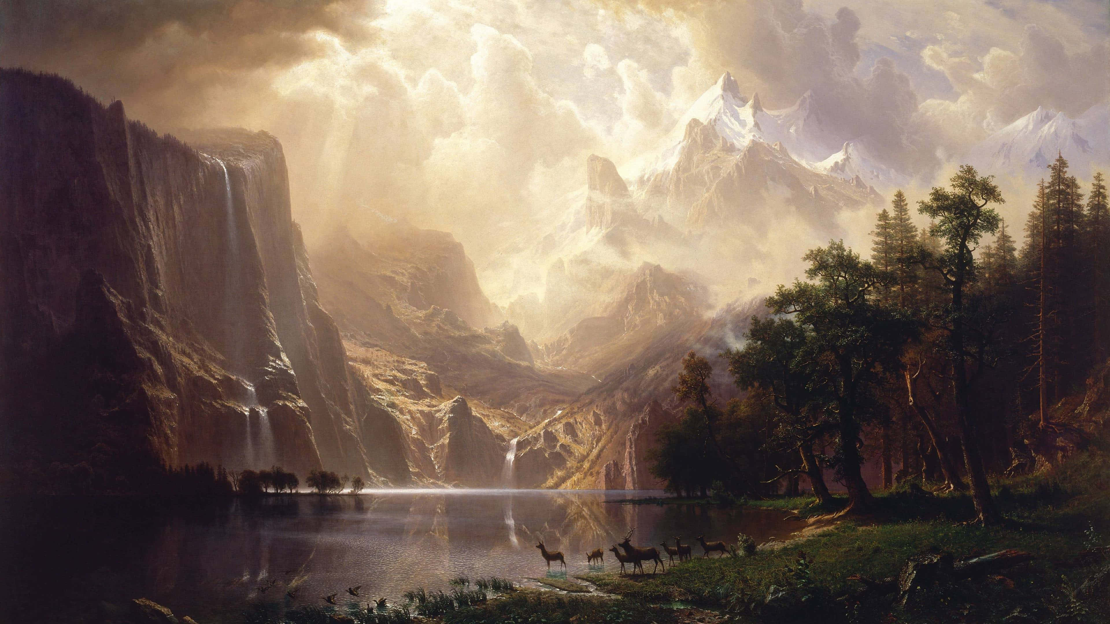 Beautiful Painting 桌布 壁紙 — 一個雄偉的山谷，有層疊的瀑布和鹿在反射湖邊吃草，天空呈現戲劇性的金色。