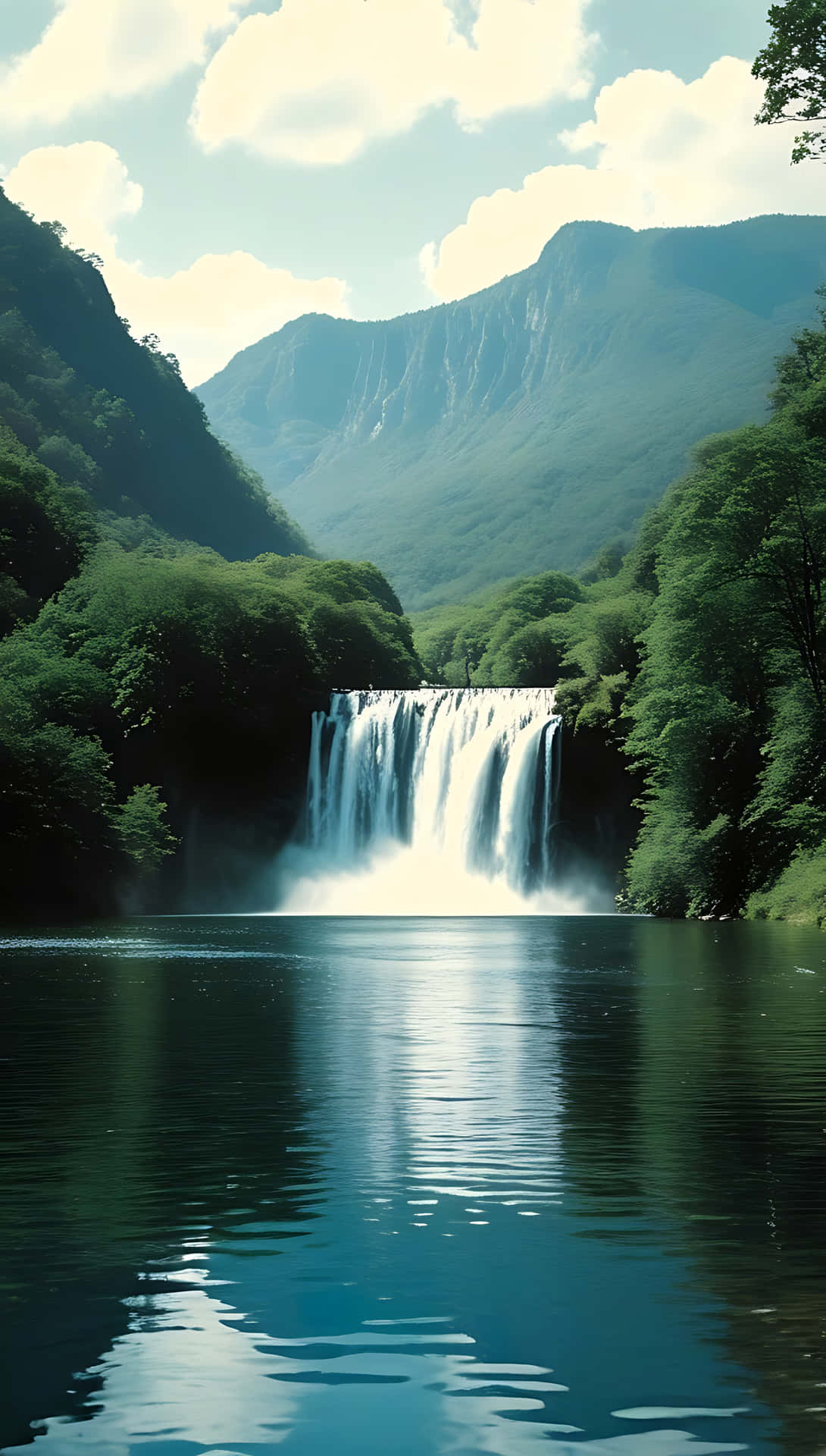 Majestic Waterfall Cascade in a Serene Mountain Setting. smartphone wallpaper 壁紙 — 一個雄偉的瀑布傾瀉而下，流入一個平靜的碧綠水池，周圍是茂密的綠色森林和巍峨的山脈，天空部分多雲。