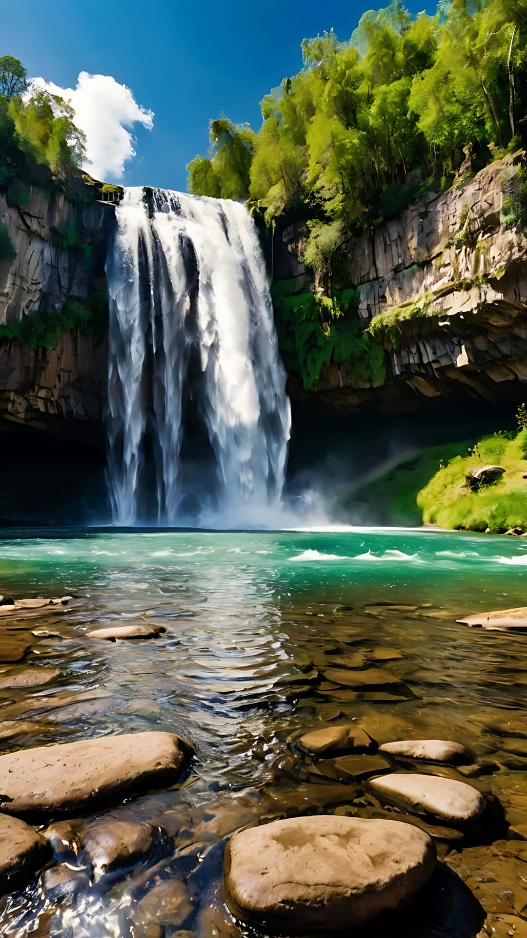Majestic Waterfall Adventure Under Open Skies. smartphone wallpaper 壁紙 — 一個雄偉的瀑布傾瀉而下，流入一個被鬱鬱蔥蔥的綠色懸崖和陽光照耀的岩石包圍的碧綠水池。