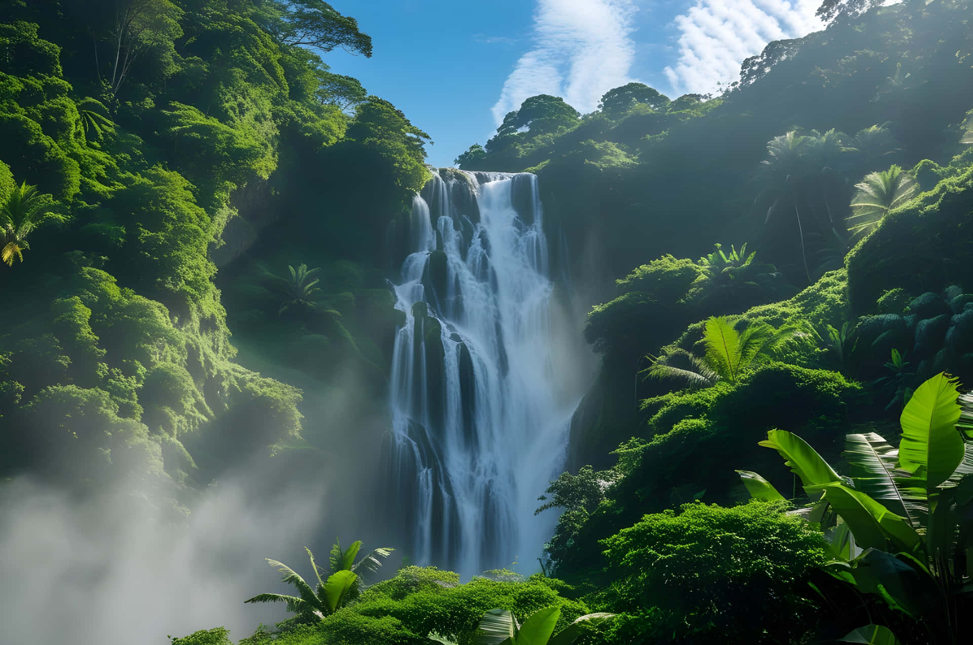 Waterfall in ice water and natural view 壁紙 — 一個雄偉的瀑布在明亮的藍天和薄雲下，穿過鬱鬱蔥蔥的綠色叢林山谷傾瀉而下。