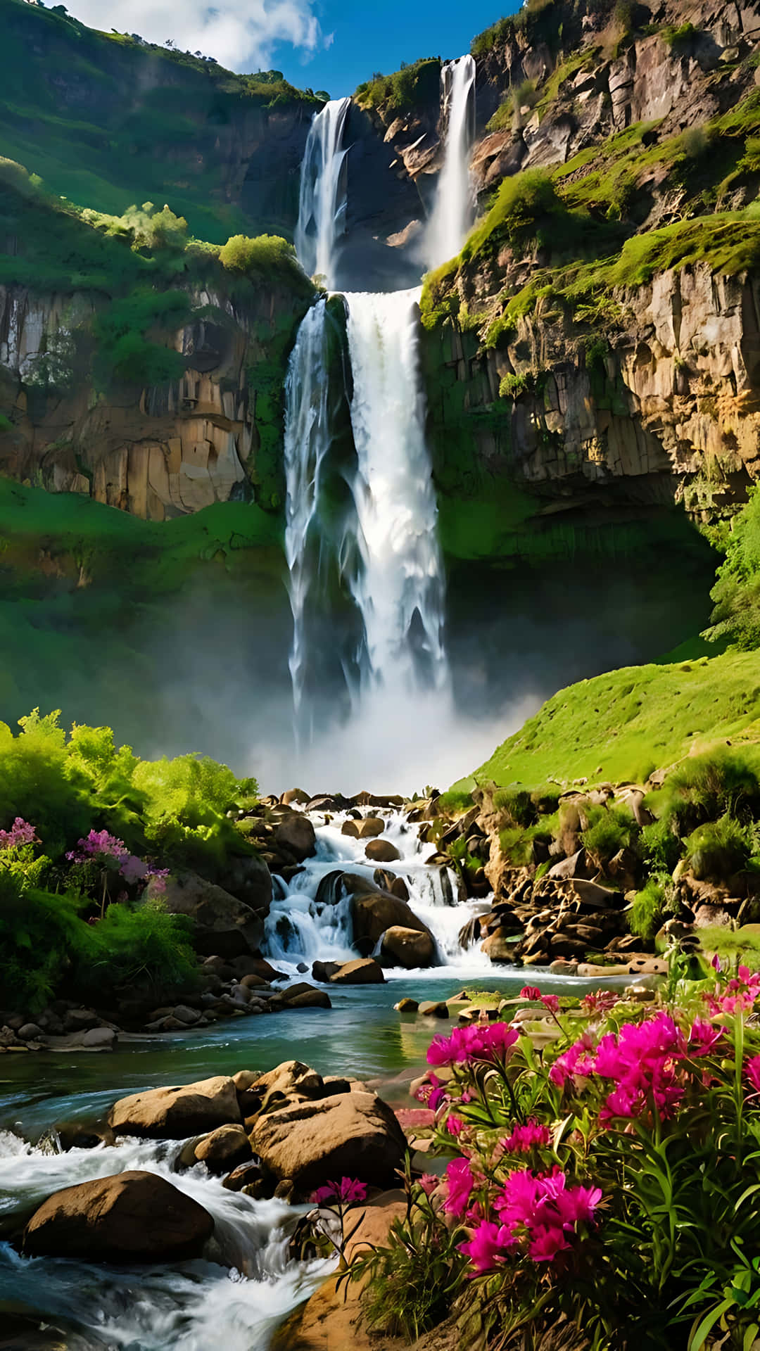 Majestic Waterfall Overlooking a Vibrant Landscape. smartphone wallpaper 壁紙 — 一個雄偉的瀑布從崎嶇的懸崖傾瀉而下，流入一個被茂密綠植和鮮豔粉紅色花朵環繞的岩石溪流。