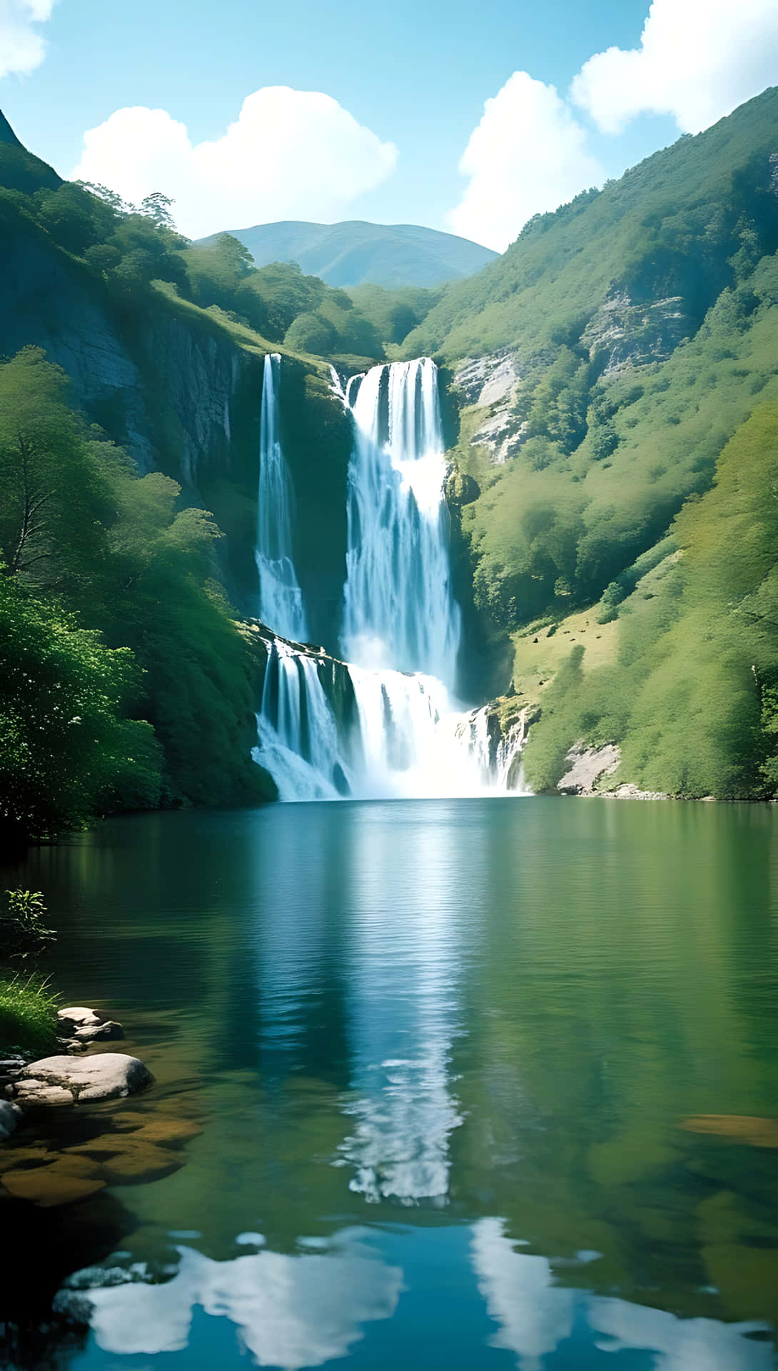 Majestic Waterfall Cascade in a Serene Mountain Setting. smartphone wallpaper 壁紙 — 一個雄偉的瀑布從鬱鬱蔥蔥的綠色懸崖傾瀉而下，流入一個平靜的藍綠色水池，倒映著天空和白雲。