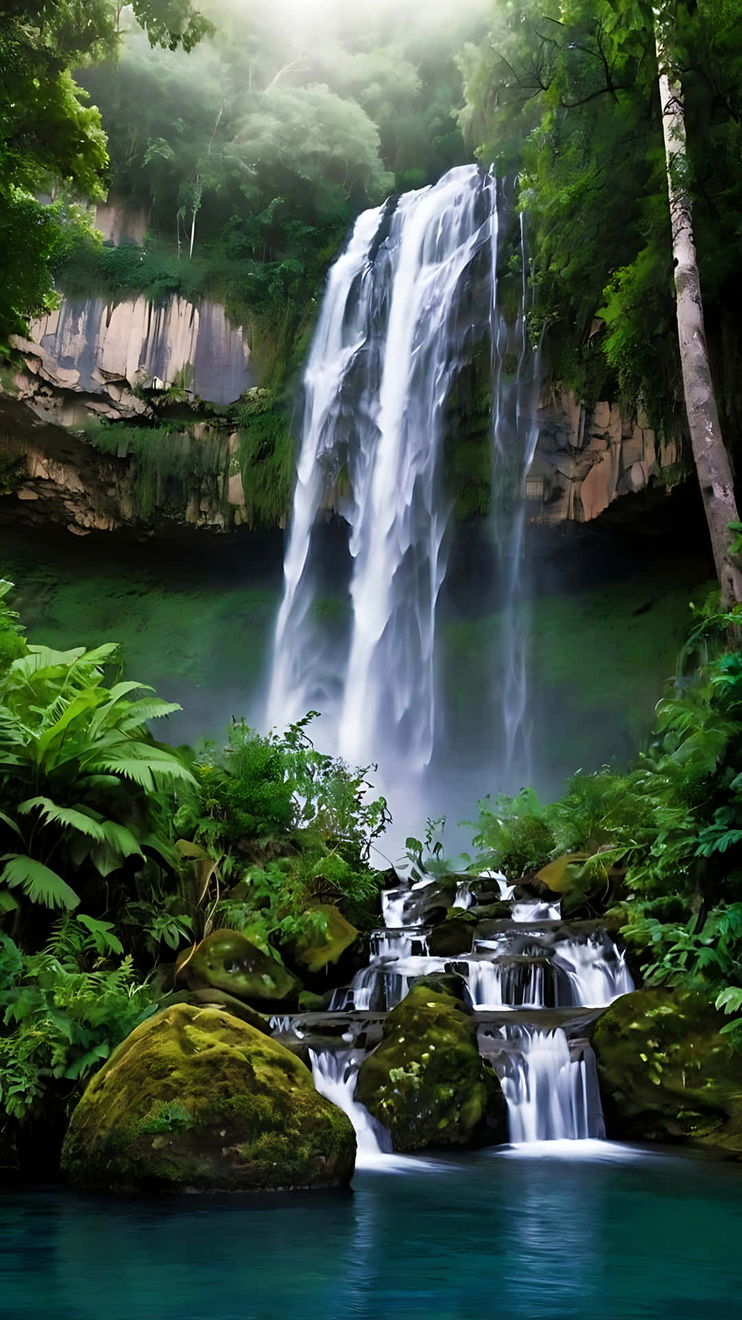 Towering Waterfall Elegance in a Remote Paradise. smartphone wallpaper 壁紙 — 一個雄偉的瀑布穿過茂密的綠色叢林，流入一個被長滿苔蘚的岩石和高聳樹木環繞的寧靜碧綠水池。