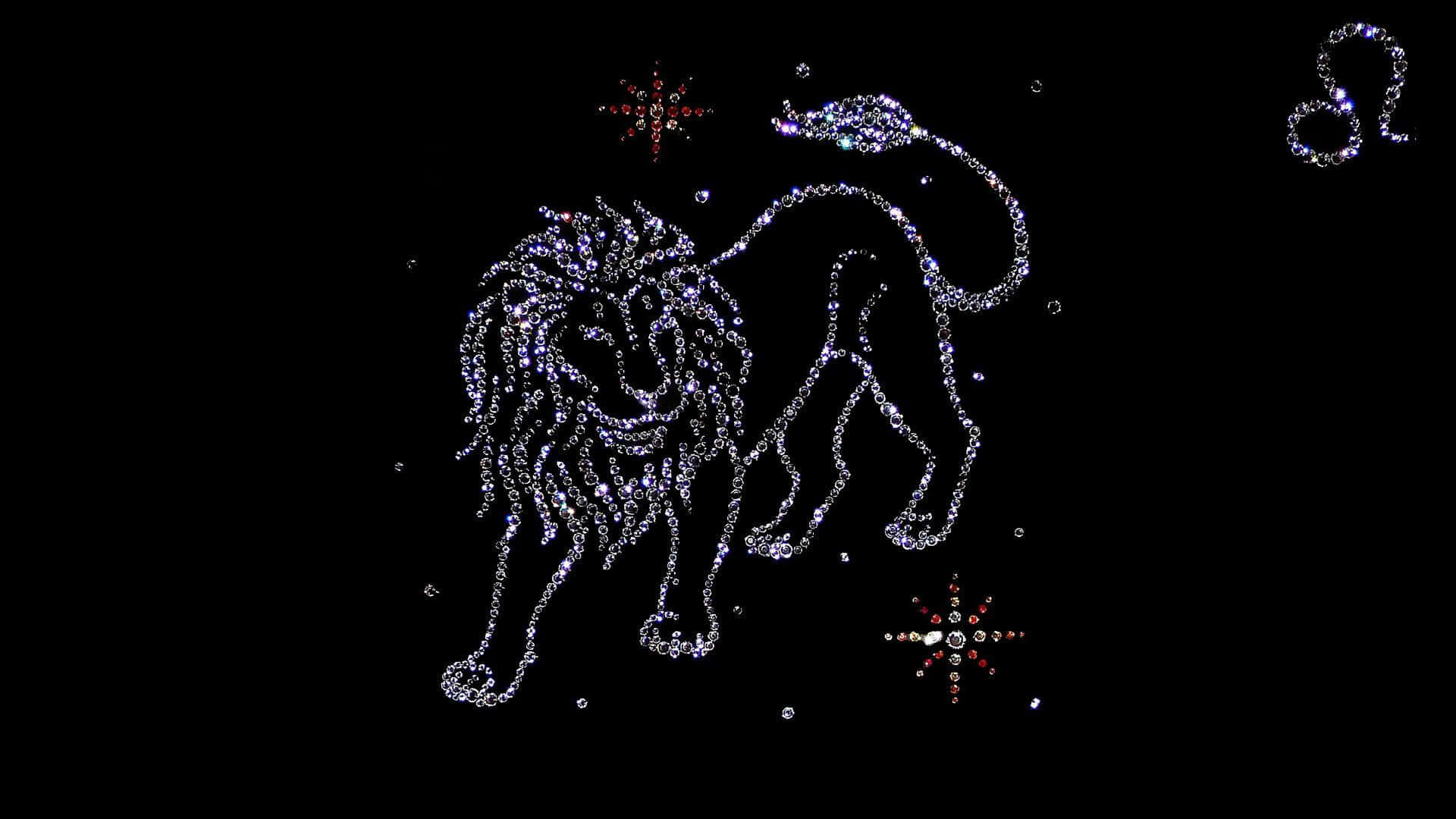 zodiac 桌布 壁紙 — 一個雄偉的獅子座星座，以閃閃發光的寶石勾勒，背景是深邃的黑色夜空，點綴著閃爍的星星。