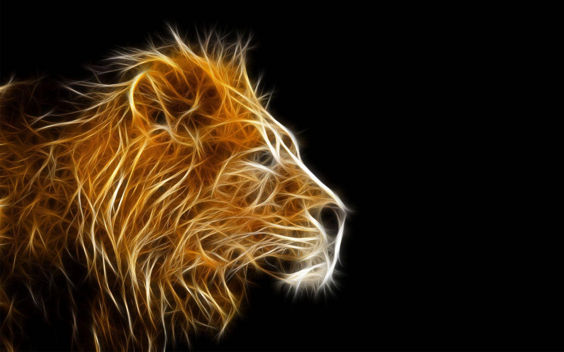 獅子 桌布 壁紙 — 一個雄偉的獅子頭，以發光的金色絲線在純黑背景上呈現。