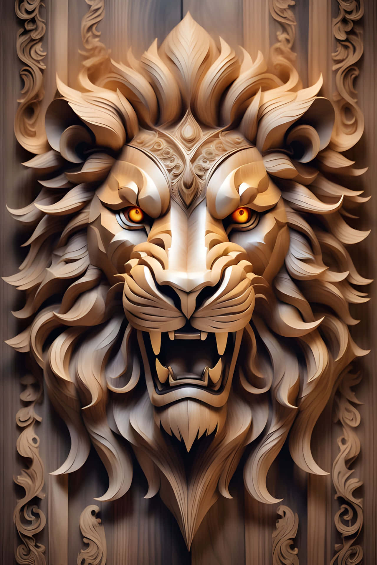Ornate Golden Lion Sculpture on Wood Background 壁紙 — 一個雄偉的獅子頭，以精緻的木雕工藝製成，琥珀色的眼睛閃閃發光，華麗的渦卷紋飾環繞著其兇猛的表情。