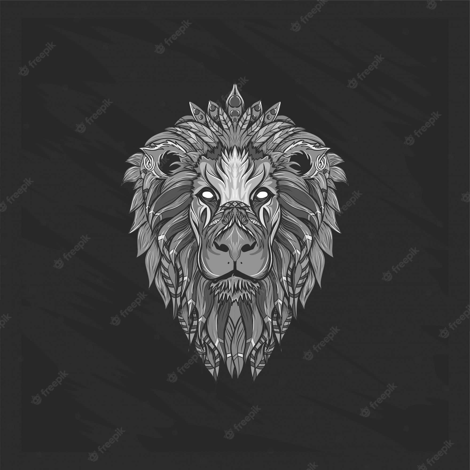 Black And White Lion 桌布 壁紙 — 一個雄偉的獅子頭，飾有複雜的部落圖案和皇冠般的鬃毛，背景為深色紋理。