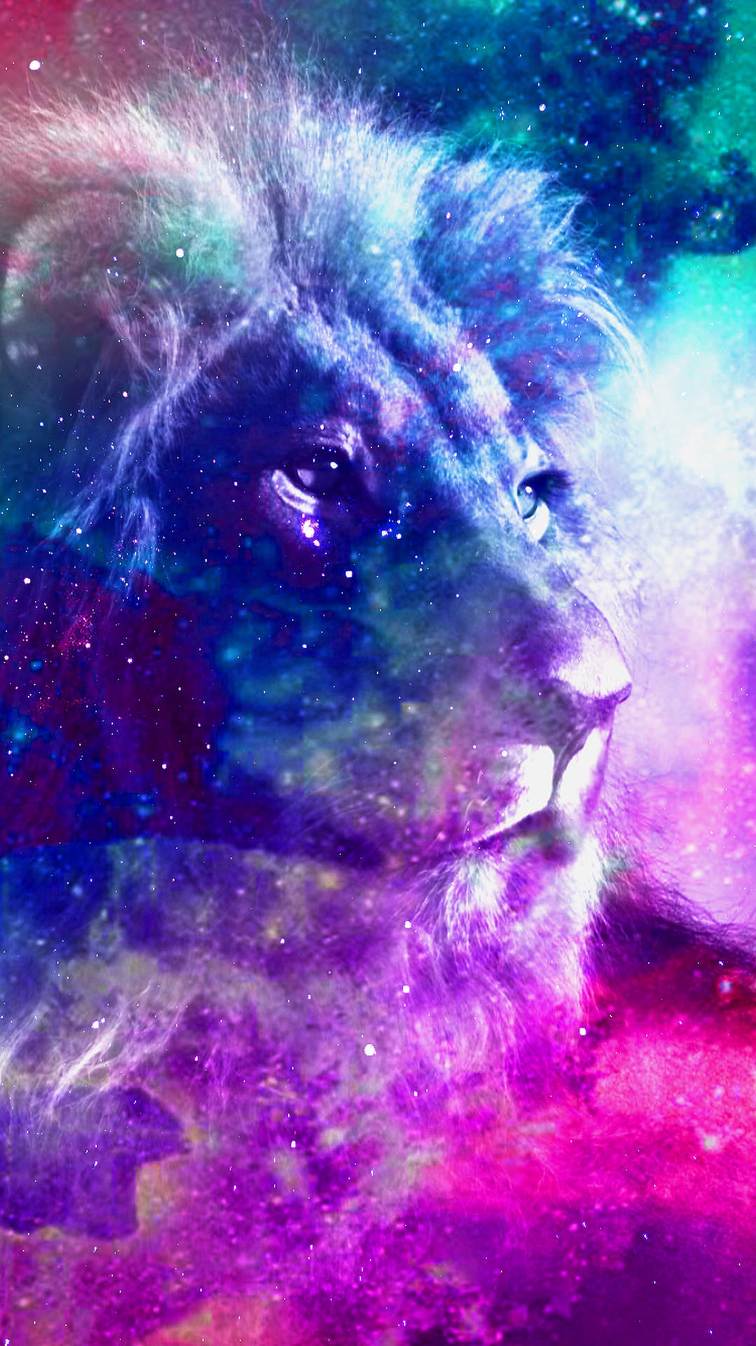 獅子的臉與充滿星星的彩色宇宙星雲融合在一起。 — 銀河獅子 壁紙