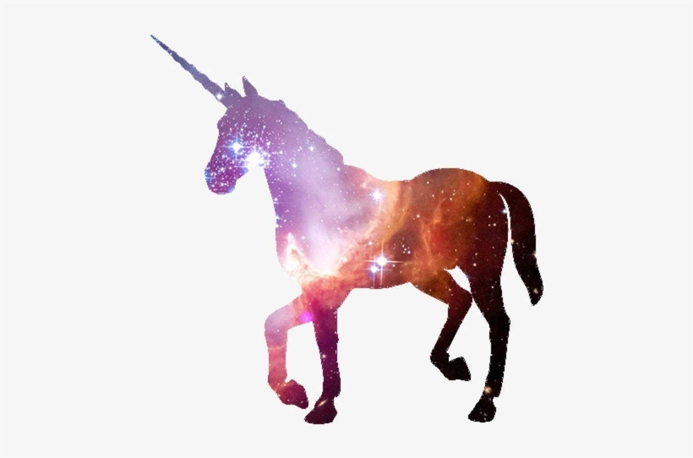 獨角獸 桌布 壁紙 — 一個雄偉的獨角獸剪影，充滿了充滿活力的宇宙星雲和閃爍的星星，背景是柔和的白色。