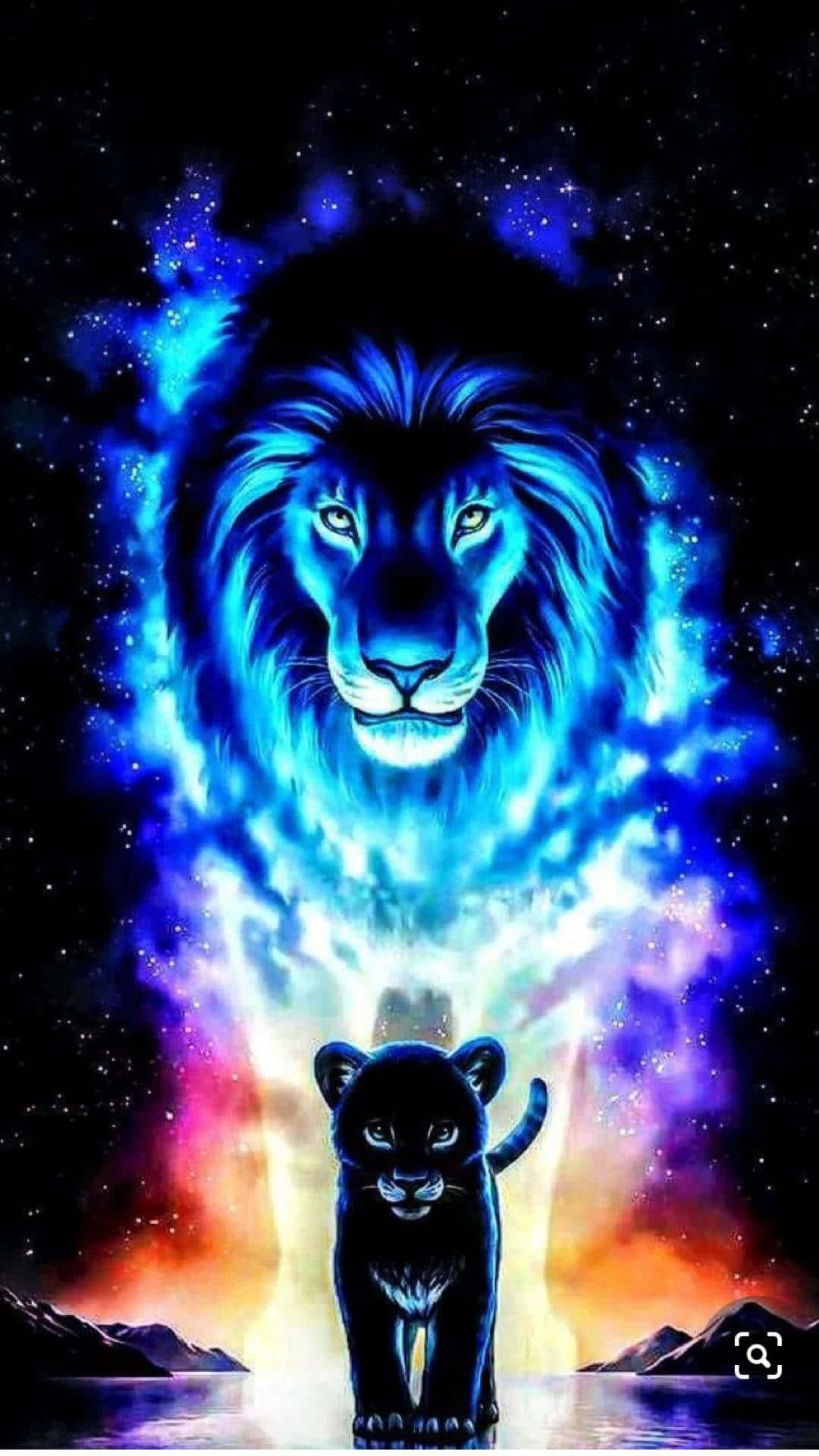 Galaxy Artwork 桌布 壁紙 — 一個雄偉的發光藍色獅子頭從宇宙星雲中浮現，出現在暮色中站在水面上的一隻小黑豹上方。