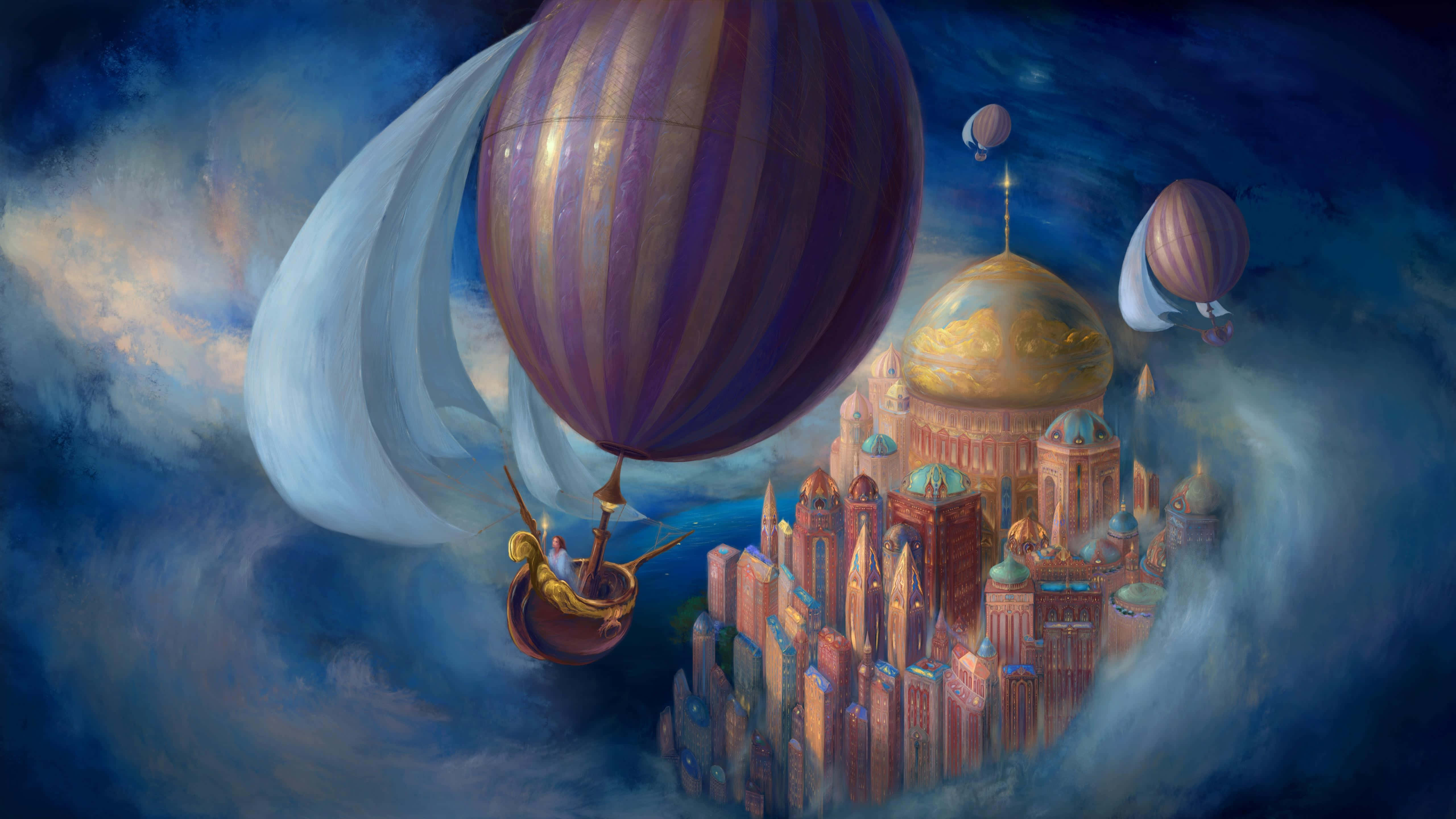 Hot Air Balloon 桌布 壁紙 — 一個雄偉的紫色條紋熱氣球漂浮在一個漂浮在旋轉雲層中的金色圓頂城市之上。