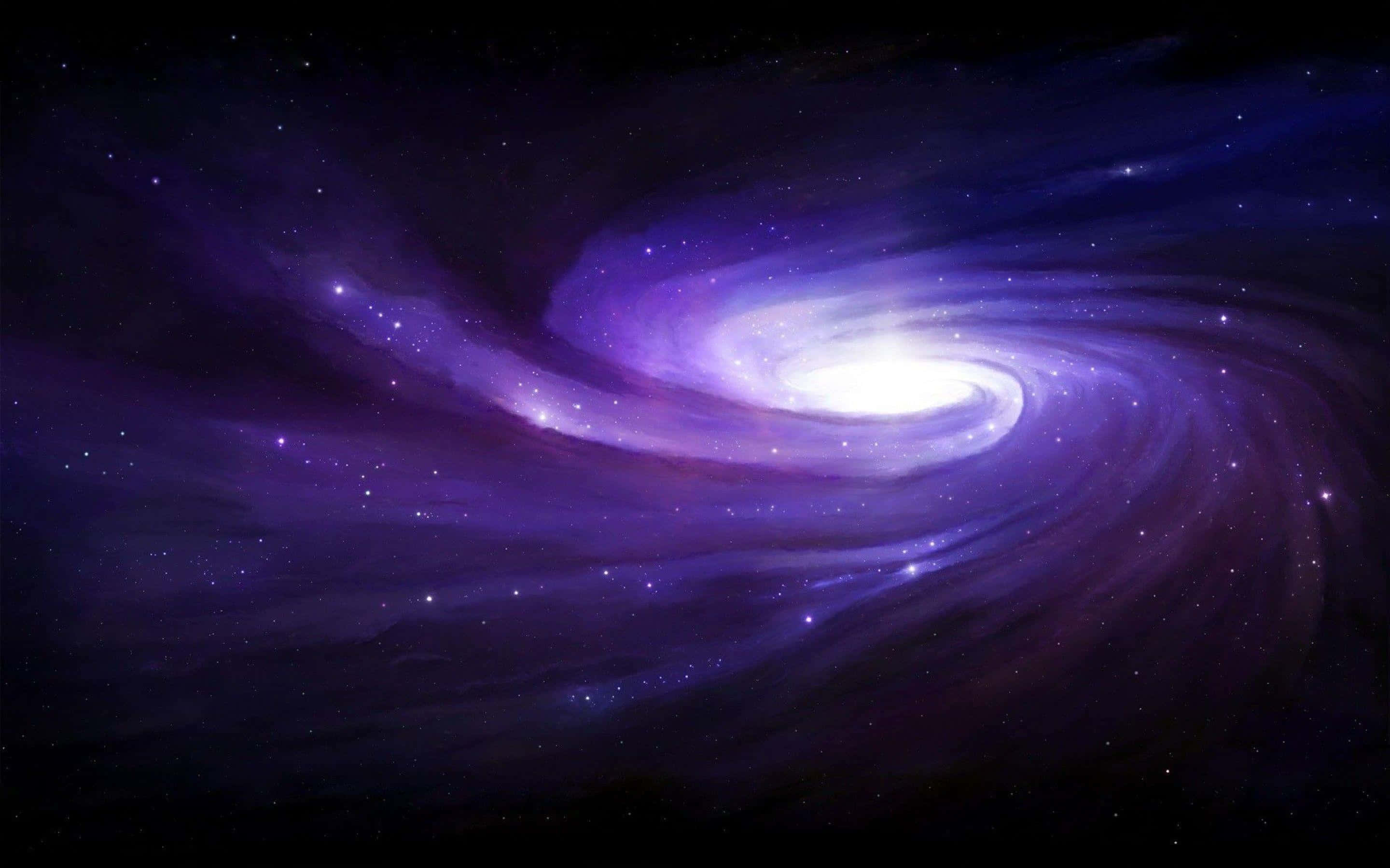 3d Galaxy 桌布 壁紙 — 一個雄偉的螺旋星系在深紫色和藍色色調中旋轉，背景是佈滿星星的宇宙虛空。