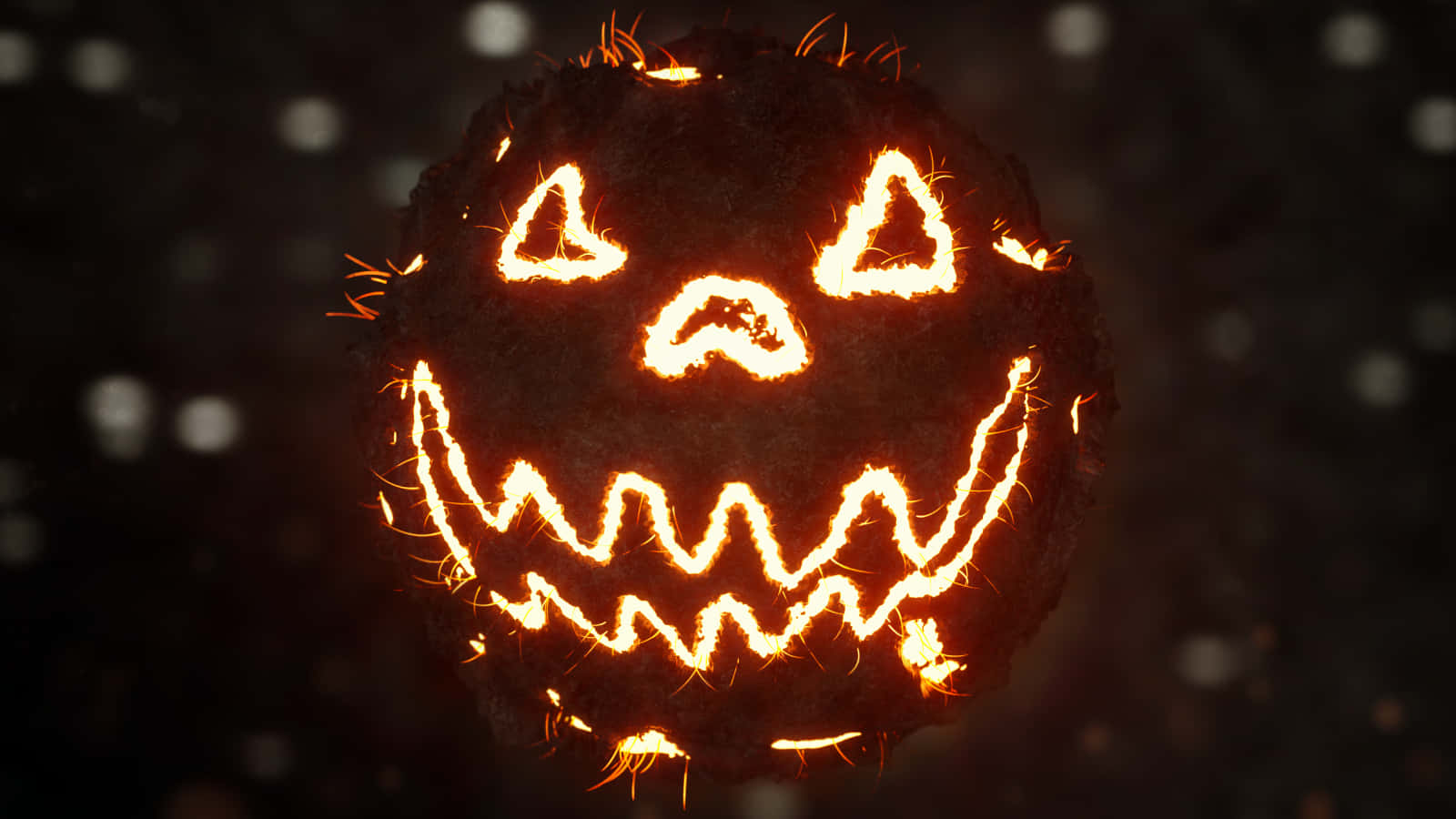 Neon Halloween 桌布 壁紙 — 一個雕刻在黑暗球體上的火熱南瓜燈臉孔，發光的橙色火花在周圍飛舞，背景是模糊的黑色。