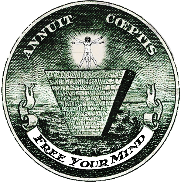 illuminati 桌布 壁紙 — 一個雕刻的圓形徽章展示了一個維特魯威人在金字塔頂端，鎖鏈斷裂，周圍環繞著文字「ANNUIT COEPTIS」和「FREE YOUR MIND」。