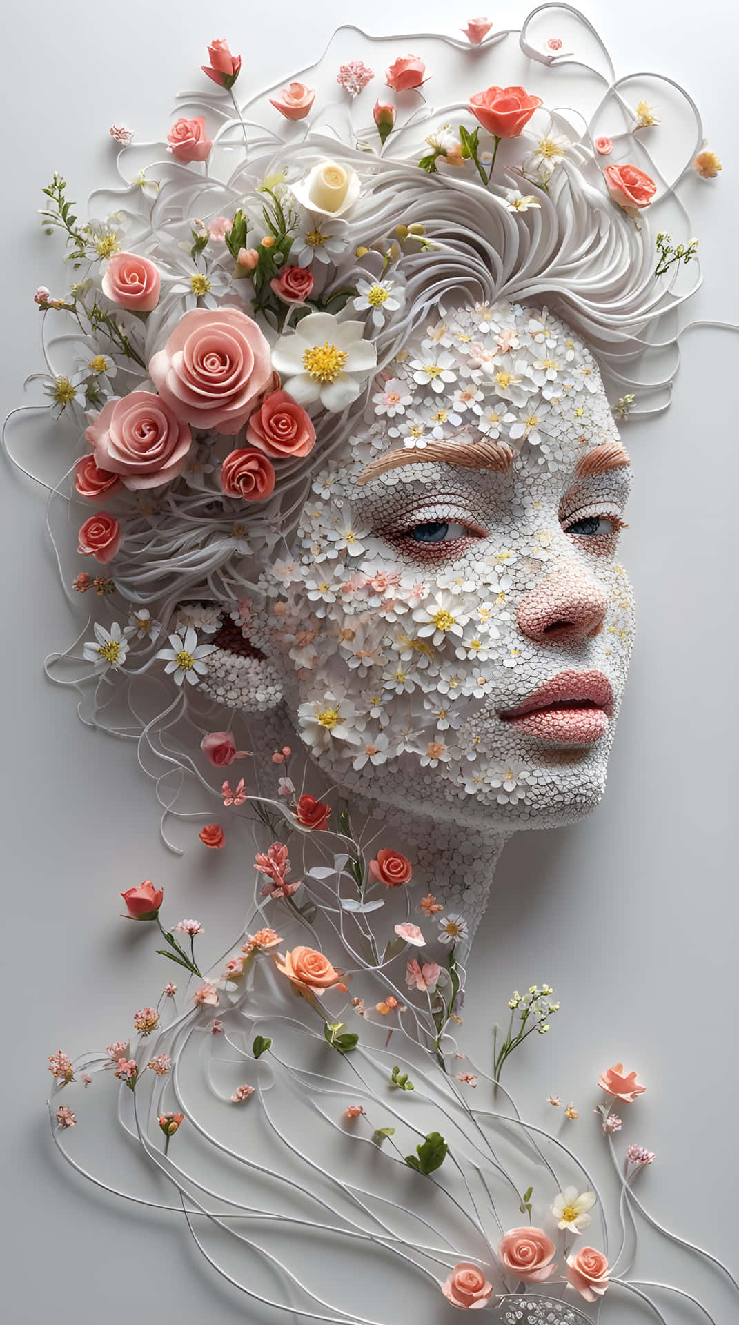A girls of flowers 壁紙 — 一個雕刻的女性面孔和飄逸的頭髮，由白色紙張和精緻的粉紅桃子及白色花朵製成，背景簡潔。