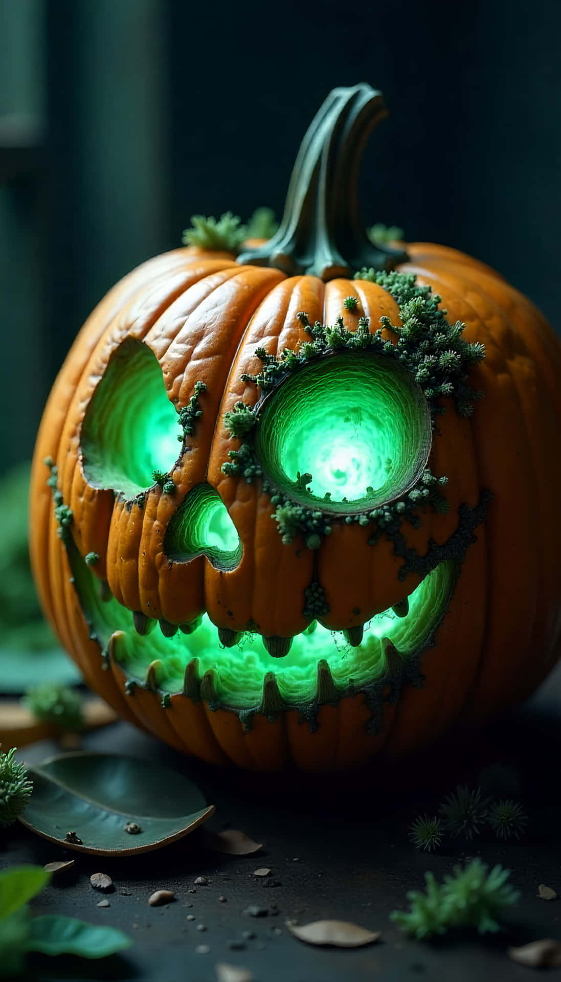 Pumkin Fungi Lantern 壁紙 — 一個雕刻的橙色南瓜，帶有發光的綠色眼睛和嘴巴，被苔蘚藤蔓環繞在黑暗的表面上。