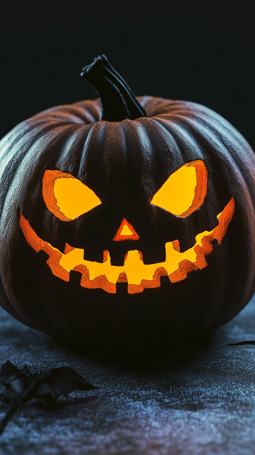 Pumpkin Aesthetic 桌布 壁紙 — 一個雕刻的萬聖節南瓜在黑暗背景下發出溫暖橙色光的特寫。