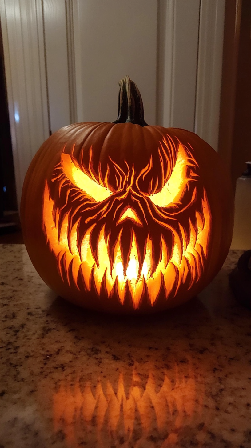 Pumpkin Aesthetic 桌布 壁紙 — 一個雕刻精細的南瓜，帶有發光的橙色眼睛和鋸齒狀牙齒，坐在有斑點的檯面上，投射出火熱的倒影。