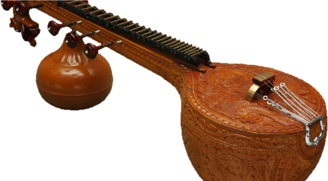 Music Instruments 桌布 壁紙 — 一個雕刻精緻的木製弦樂器，帶有球狀共鳴器和華麗的指板，背景為黑色。