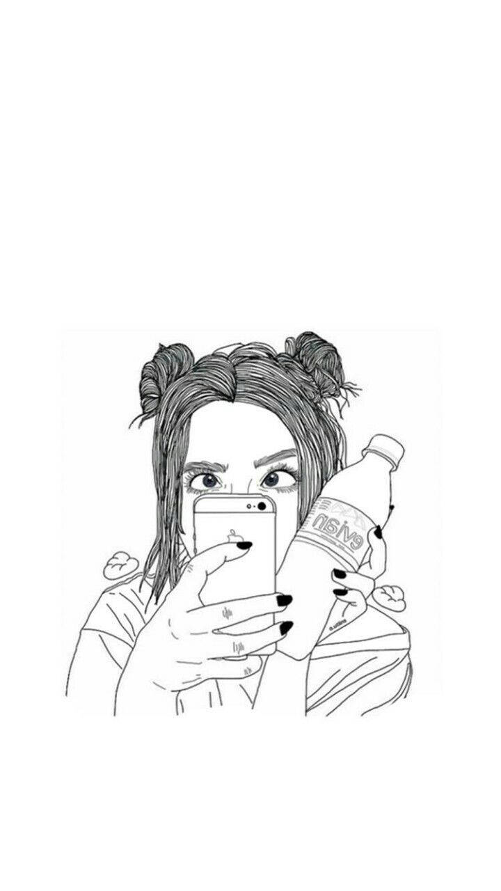 Cool Girl Cartoon 桌布 壁紙 — 一個雙丸子頭女孩拿著汽水瓶自拍的黑白線條藝術插圖。