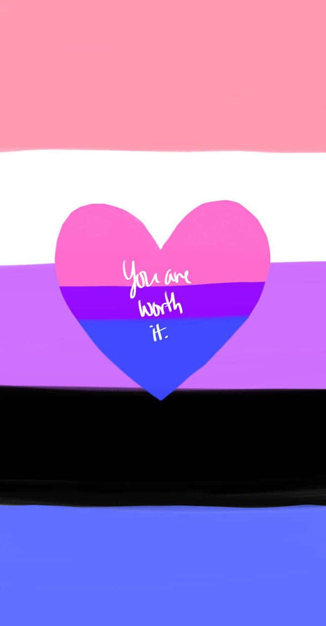 Bi Flag 桌布 壁紙 — 一個雙性戀旗幟形狀的心形，中間有「你值得」的文字，背景為條紋。