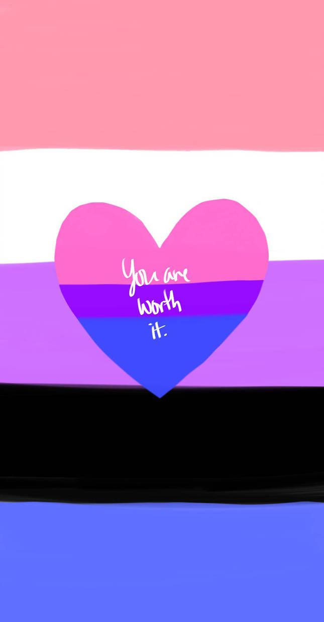 Bisexual Flag 桌布 壁紙 — 一個雙性戀驕傲旗形狀的心，背景為水平彩虹條紋，中央有文字「你值得」。