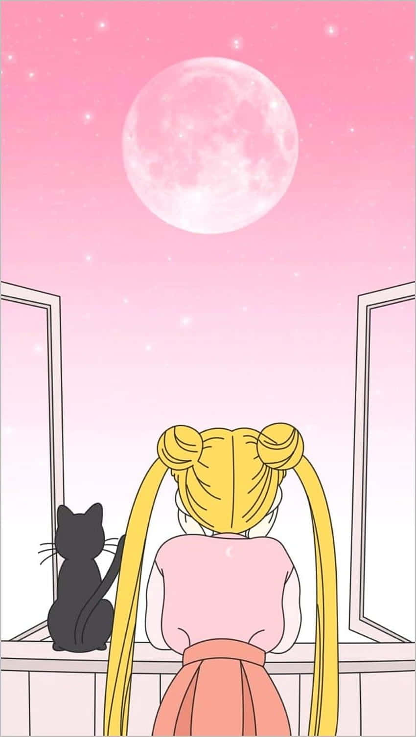美少女戰士 桌布 壁紙 — 一個雙馬尾女孩和一隻黑貓仰望星空粉紅天空中的巨大粉紅月亮。