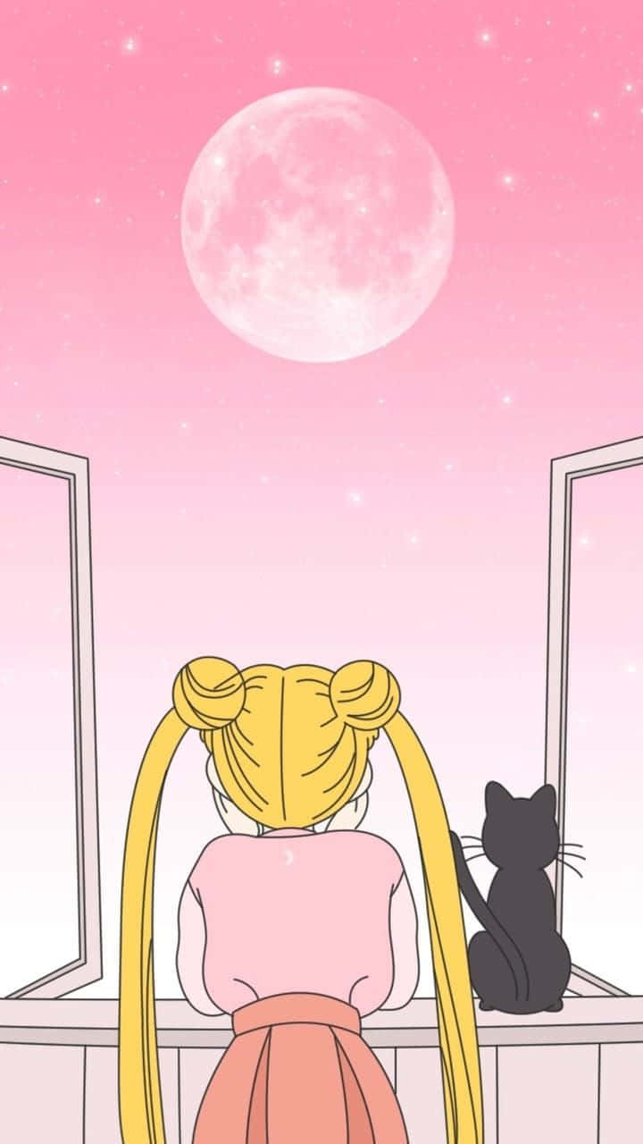 Sailor Moon iPad 桌布 壁紙 — 一個雙馬尾女孩和一隻黑貓從陽台仰望粉紅色星空中的巨大月亮。