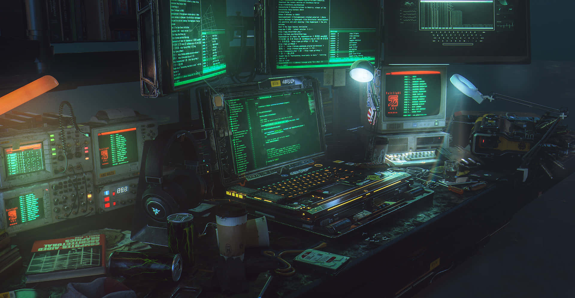 Cyberpunk Laptop 桌布 壁紙 — 一個雜亂的 cyberpunk 黑客書桌，沐浴在綠色螢幕光芒中，多個顯示器展示著程式碼和閃爍的燈光。