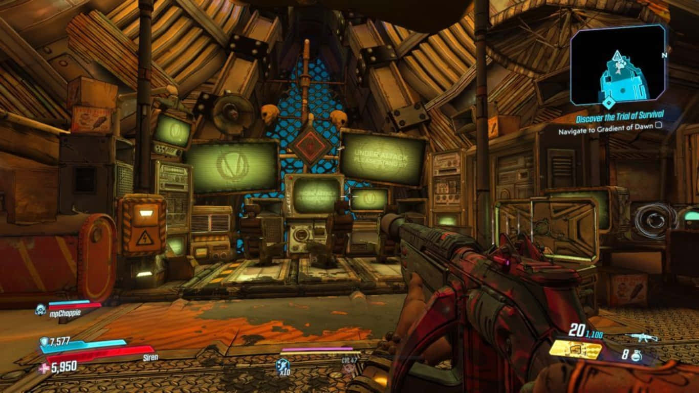1366x768 Borderlands 3 桌布 壁紙 — 一個雜亂的科幻控制室，帶有發光螢幕和前景中的武器。