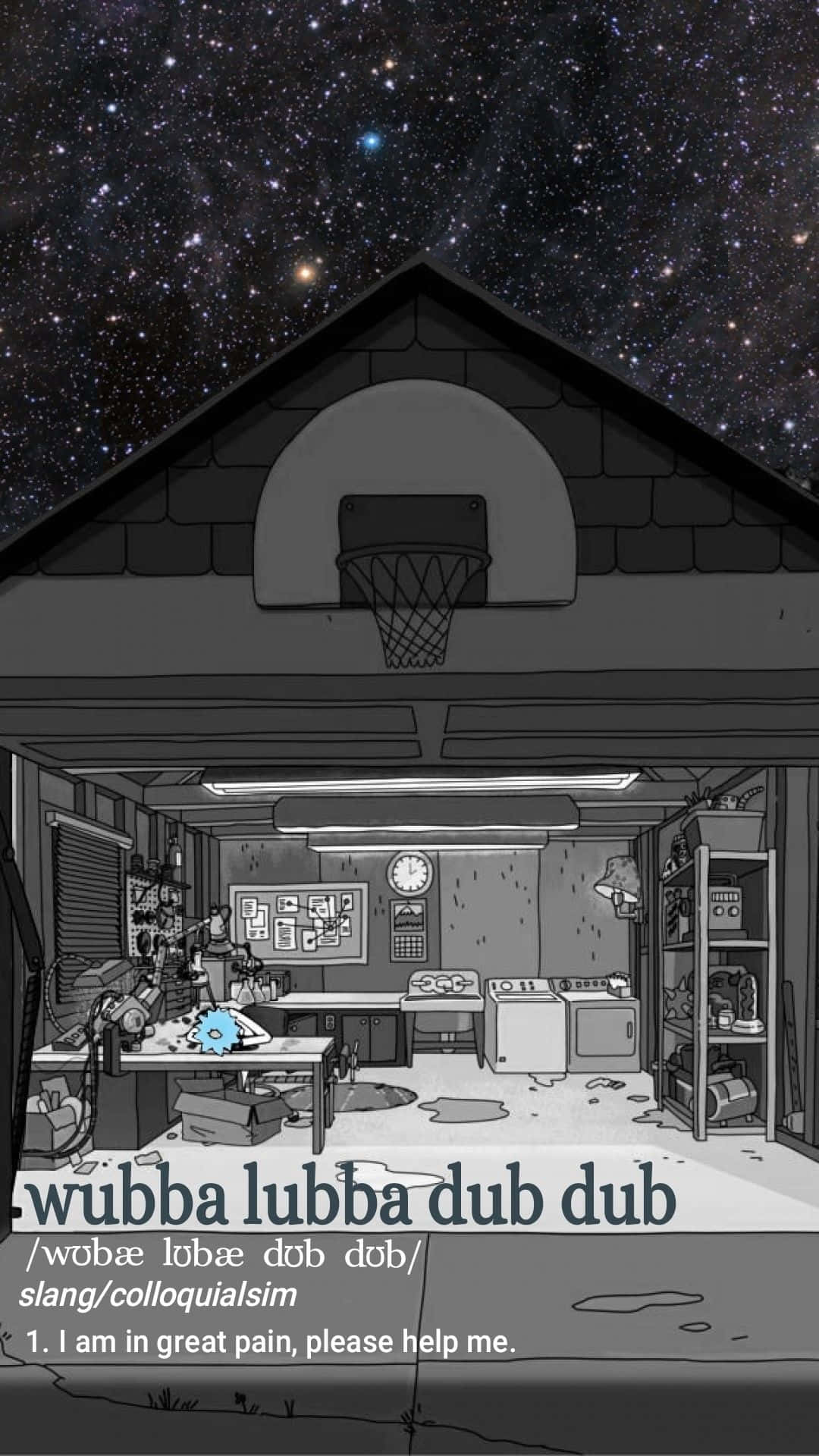 Wubba Lubba Dub Dub 桌布 壁紙 — 一個雜亂的車庫，在星空下，屋頂上裝有籃球框，工作台上有一隻藍色小生物。