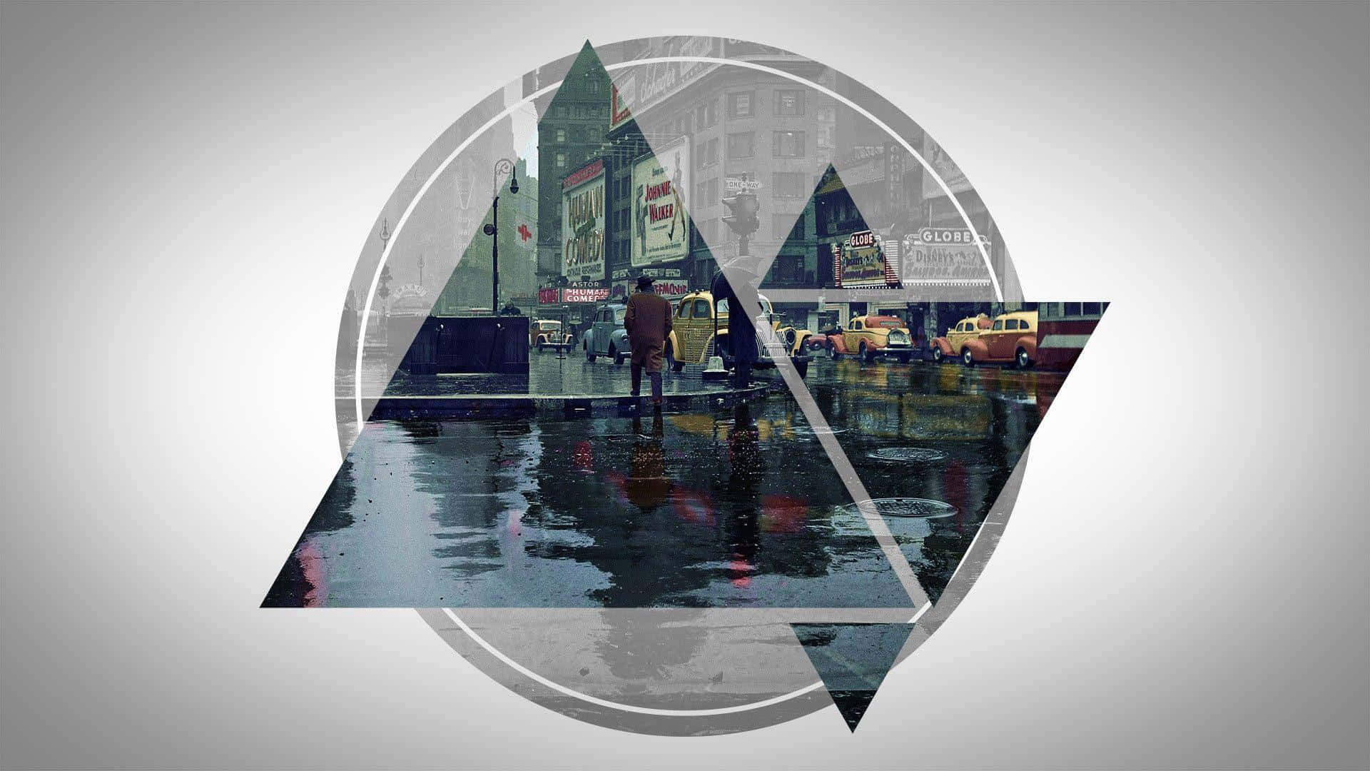 Hipster Desktop 桌布 壁紙 — 一個雨中的城市街道場景，以幾何圓形和三角形疊加框住，展示復古汽車和一個孤獨的行人。