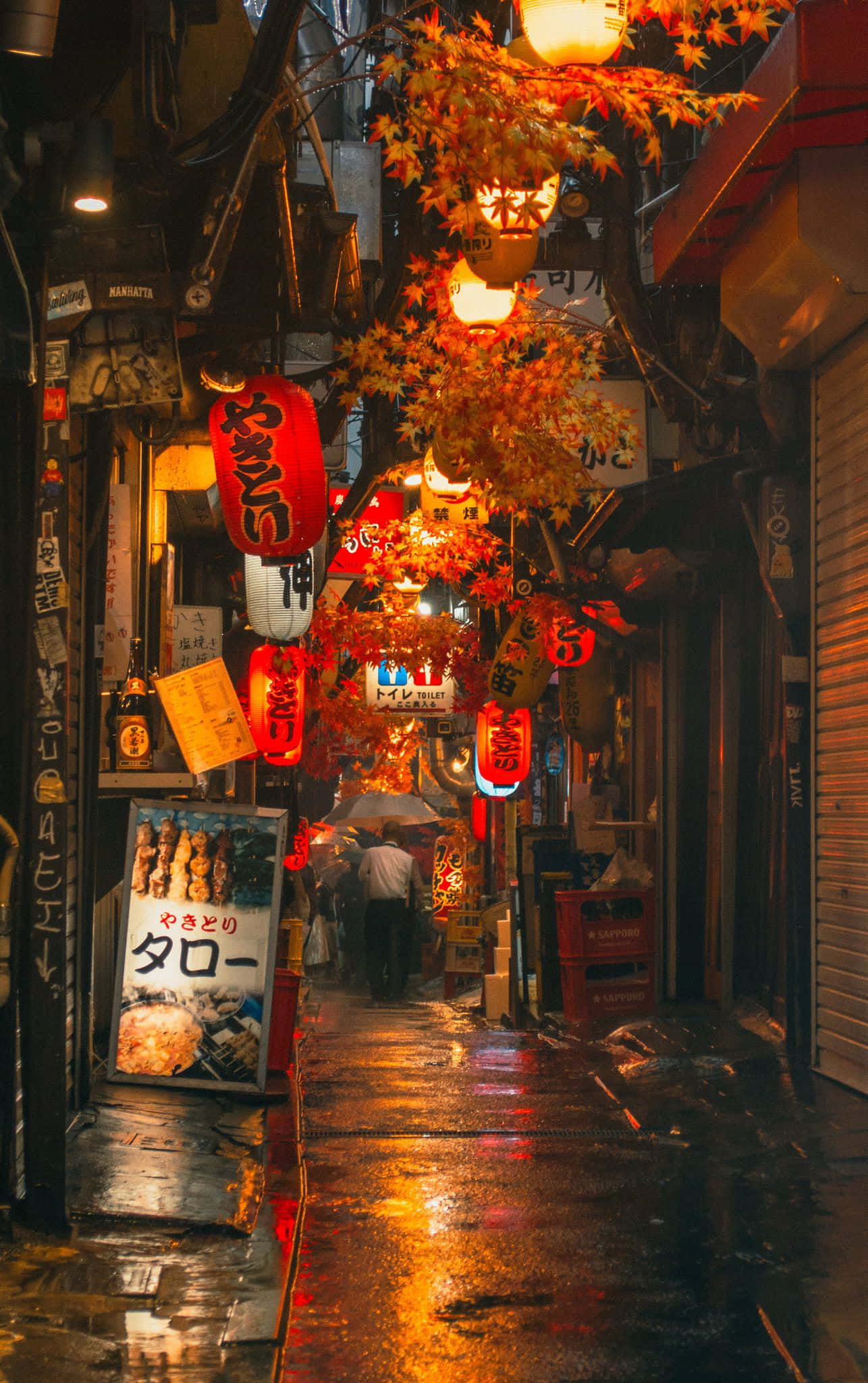 Beautiful Autumn 桌布 壁紙 — 一個雨夜，在狹窄的日本小巷中，溫暖的燈籠和秋葉閃閃發光。