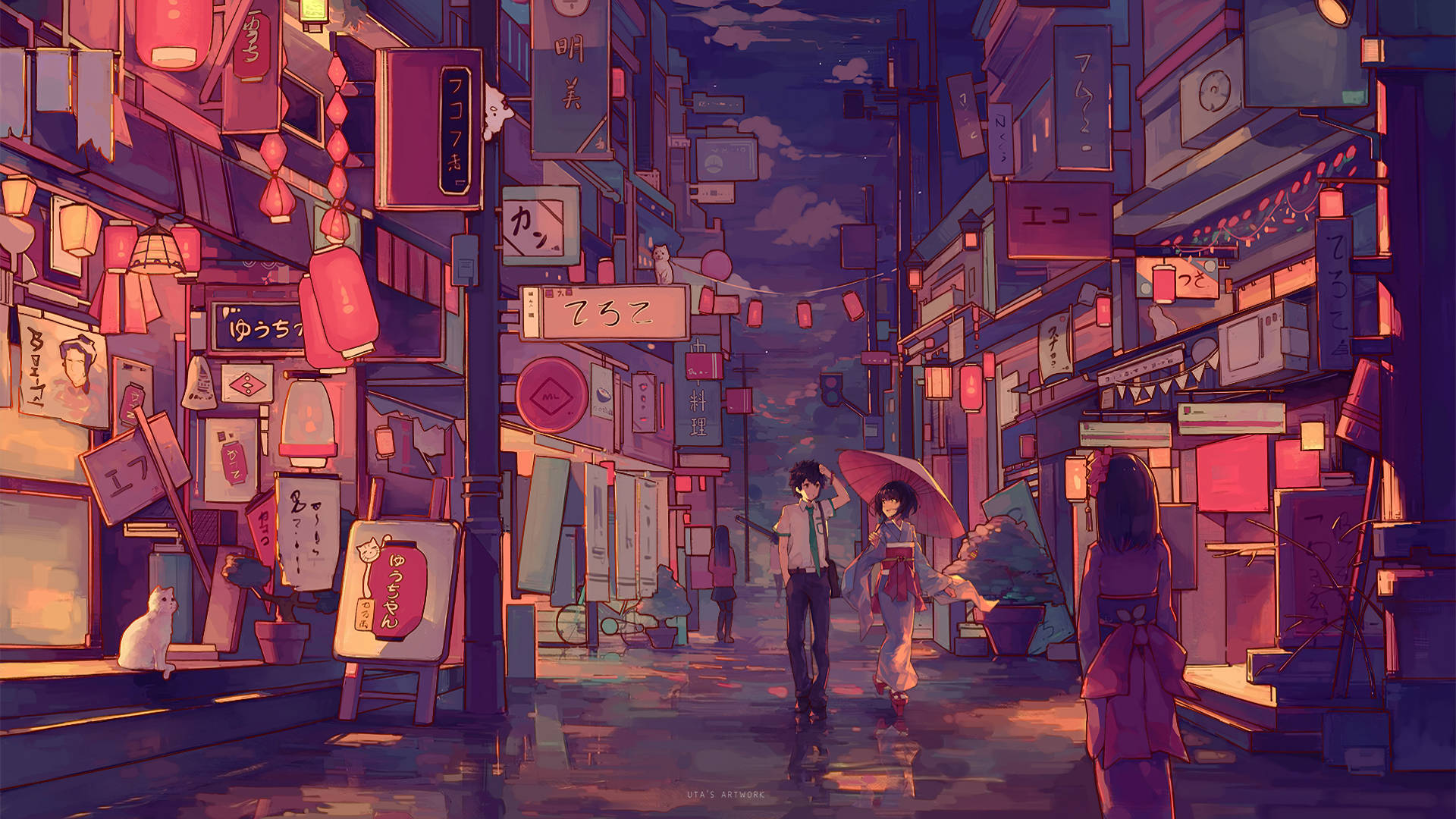 動漫 桌布 壁紙 — 一個雨夜，在霓虹燈照亮的日本小巷中，兩個身影撐著傘行走，發光的招牌倒映在濕漉漉的路面上。