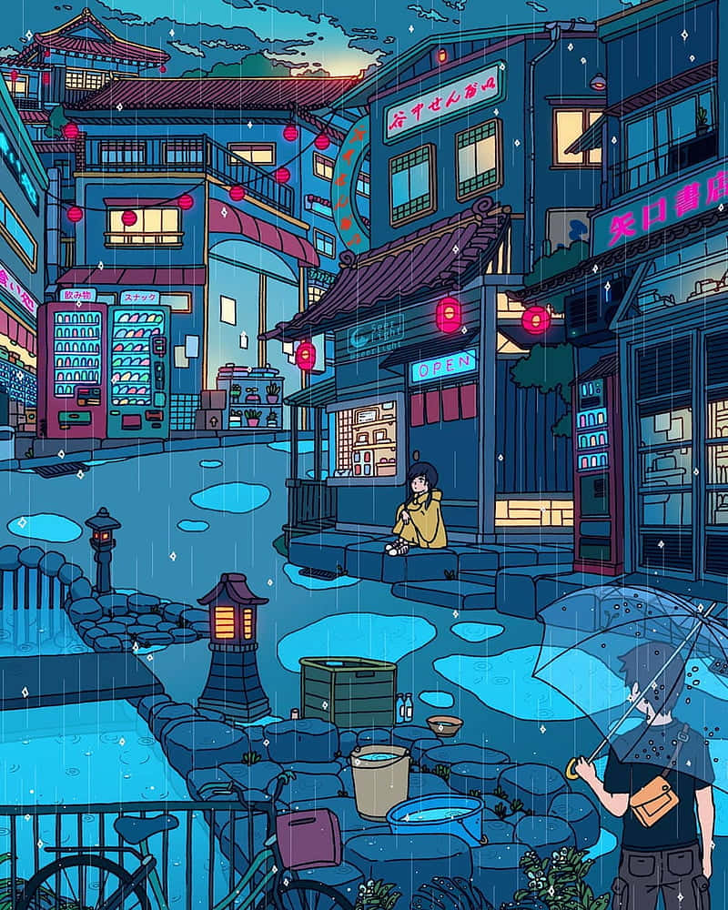 Tokyo Anime 桌布 壁紙 — 一個雨夜，在霓虹燈照亮的日本街道上，一個人撐著傘走過發光的燈籠和商店，另一個人獨自坐在濕漉漉的石凳上。