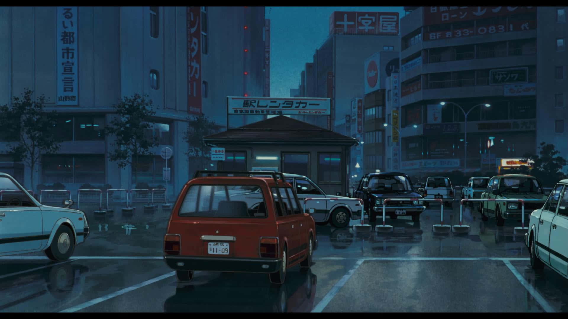 Only Yesterday 桌布 壁紙 — 一個雨夜，在霓虹燈閃爍的日本城市，復古汽車停泊在濕漉漉的停車場，上方是發光的招牌。
